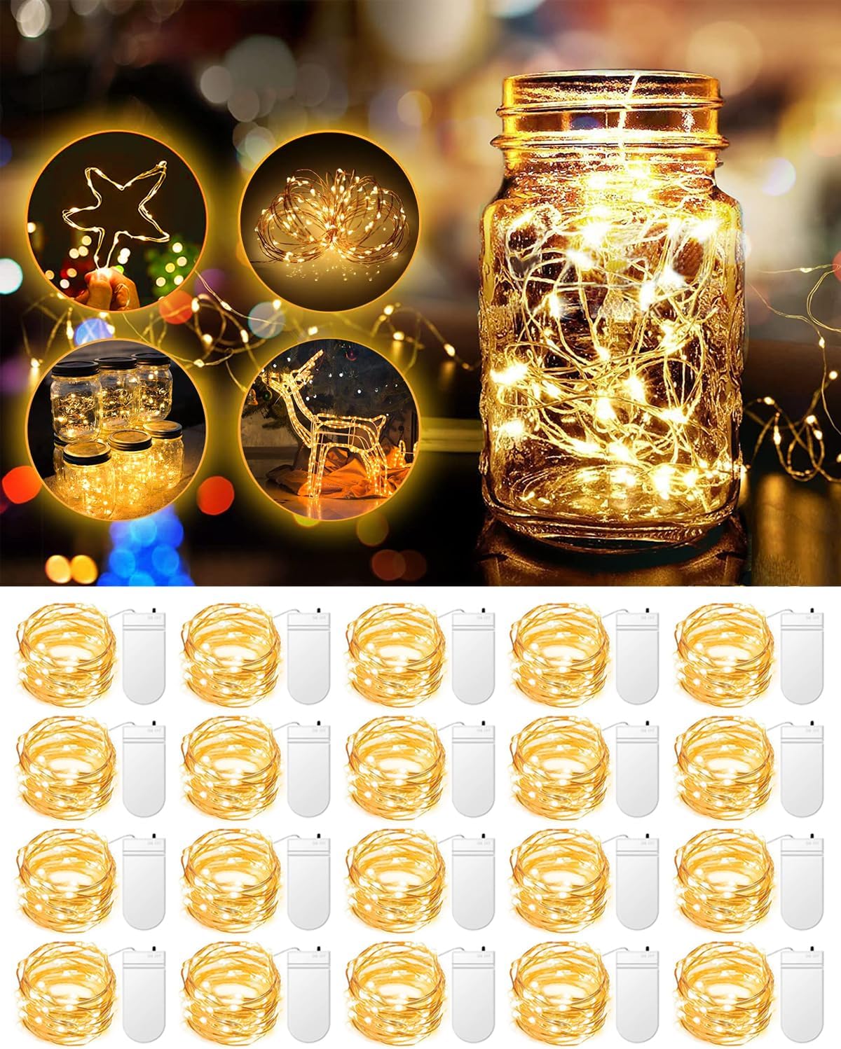 20-Pack 3.3ft Battery-Operated Fairy String Lights – 20 Warm White LEDs on Copper Wire, Twinkle Lights for Mason Jars, Weddings, Parties, Christmas Centerpieces & Table Decorations