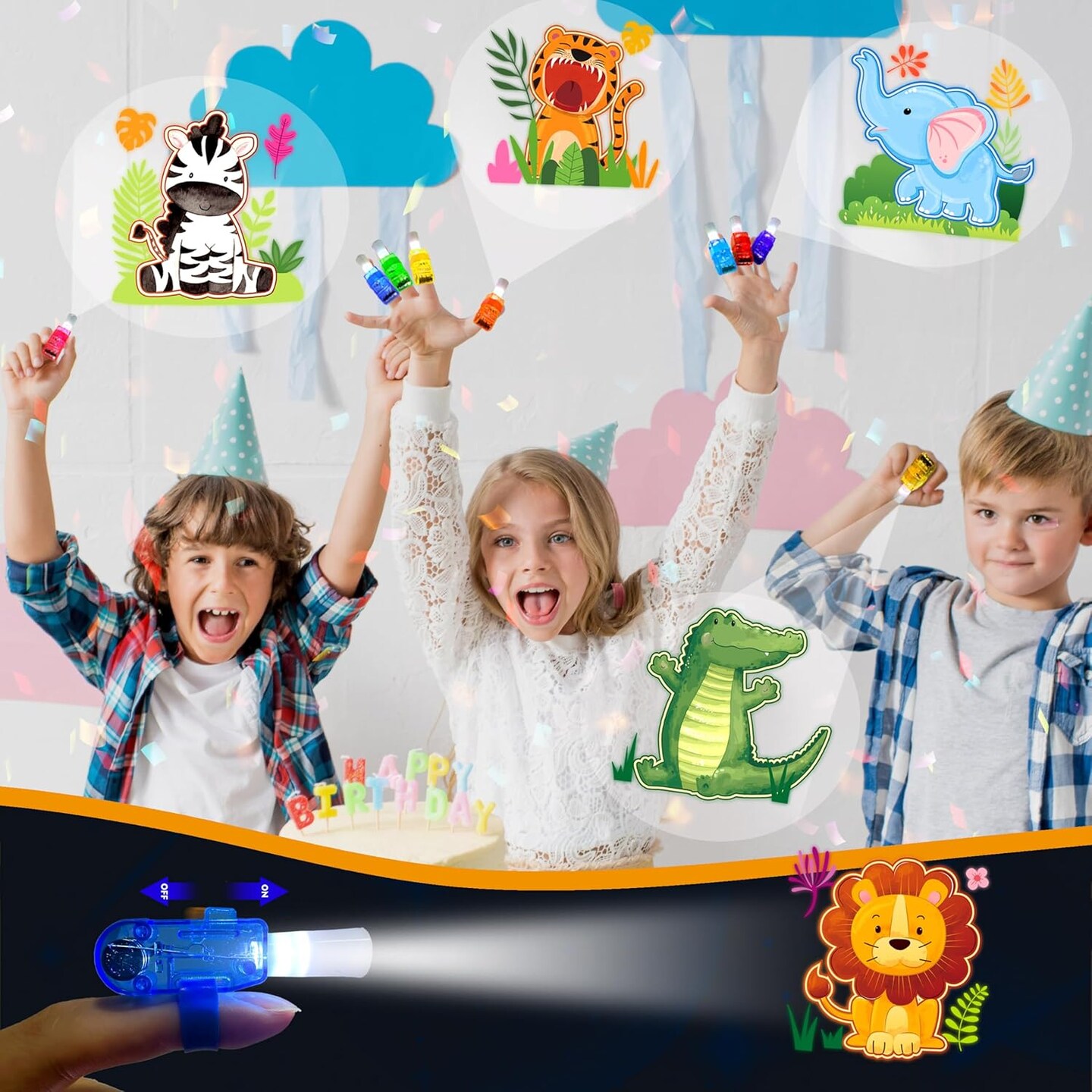 24PCS Jungle Safari Party Favors-LED Finger Lights&#xFF1A;Glow-in-the-Dark Light-Up Toys Bulk for Kids,Animal Theme Birthday Party Decorations Supplies, Party Goodie Bags, Classroom Prizes, Fun Gifts