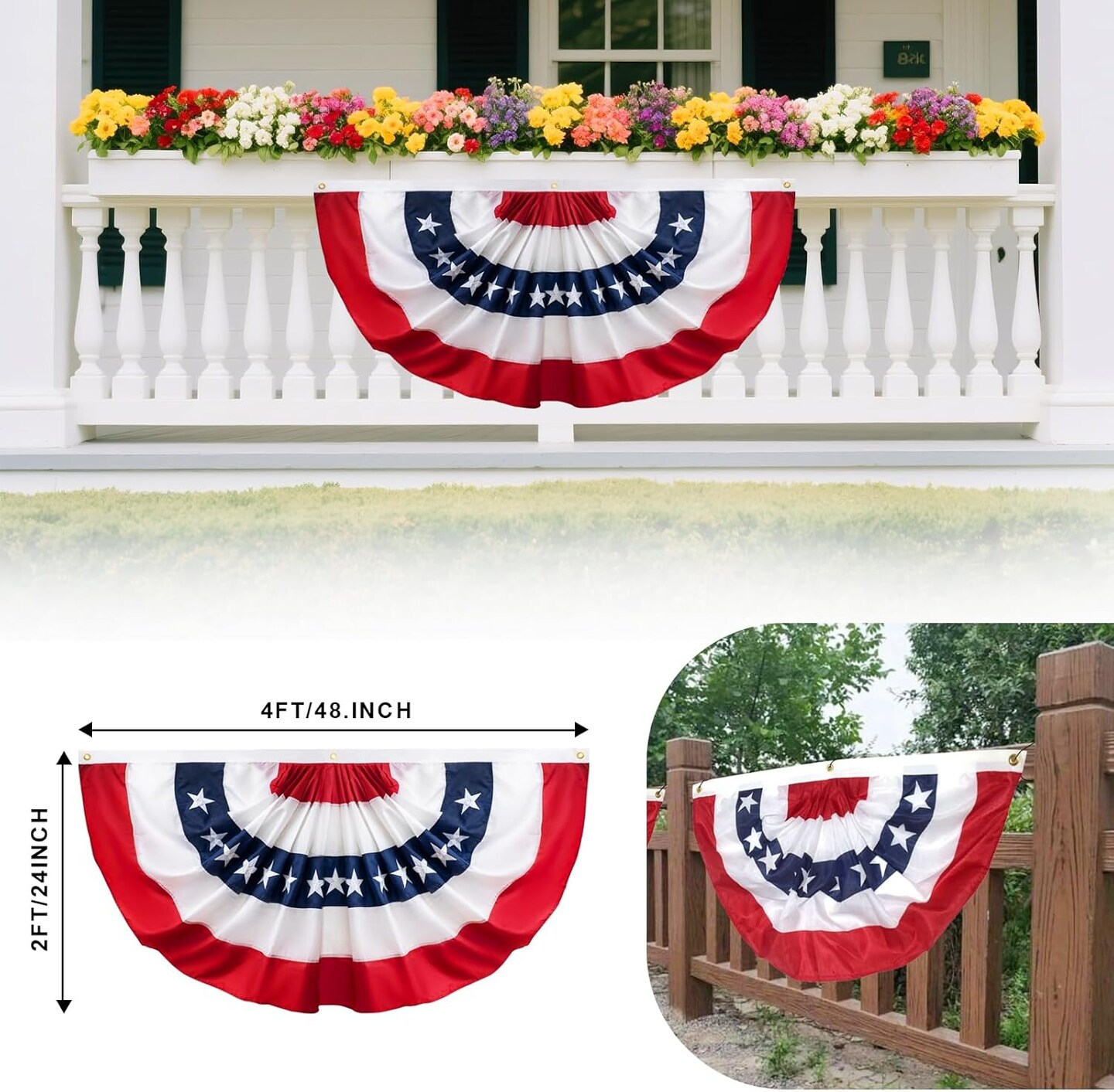 Bunting American Flags 2x4 FT, USA Pleated Fan Flags, Embroidered Patriotic Red White and Blue Banner, for 4th of July Memorial Day Indoor Outdoor Decoration