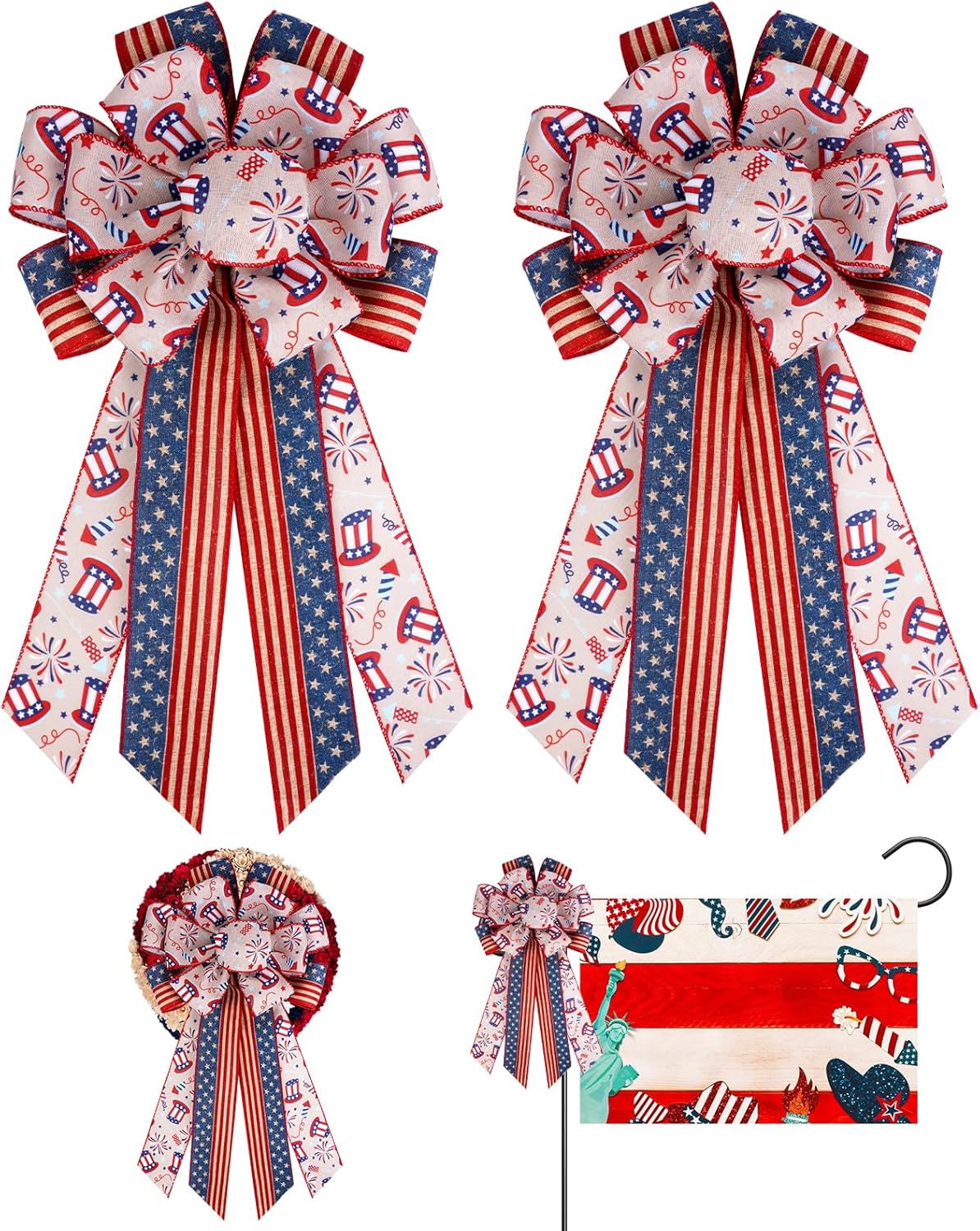 2pcs Large 4th of July Bow, Red Blue Striped Tree Topper Bows for Patriotic Wreaths, 4th of July Decorations American Flag Memorial Day Bow for Tree Topper, Window, Staircase, Front Door, Outside