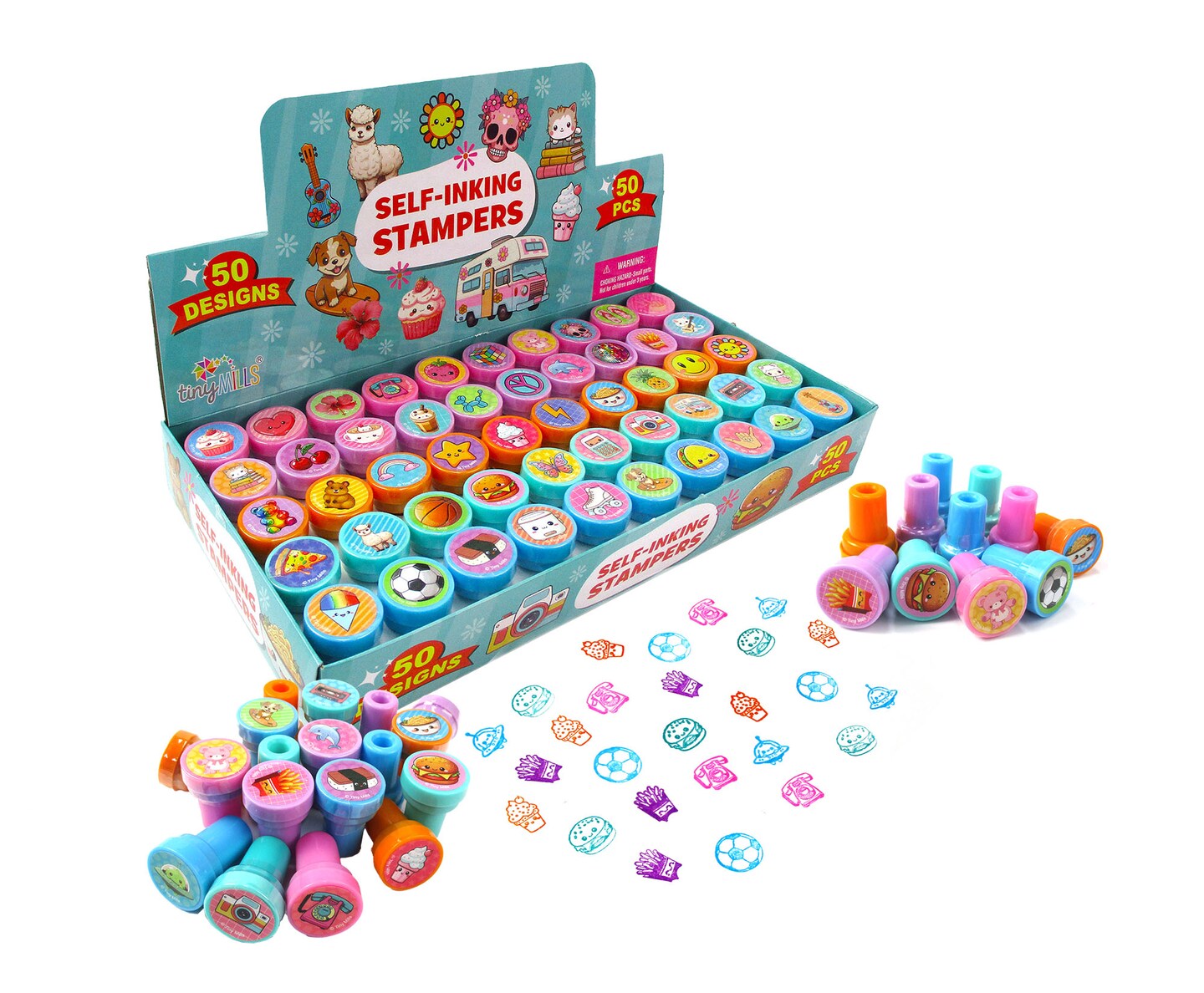 TINYMILLS 50 Pcs Assorted Kawaii Cute Stamps for Kids - Trendy Self-Ink Stamps for Birthday Party, Carnival, School &#x26; Rewards