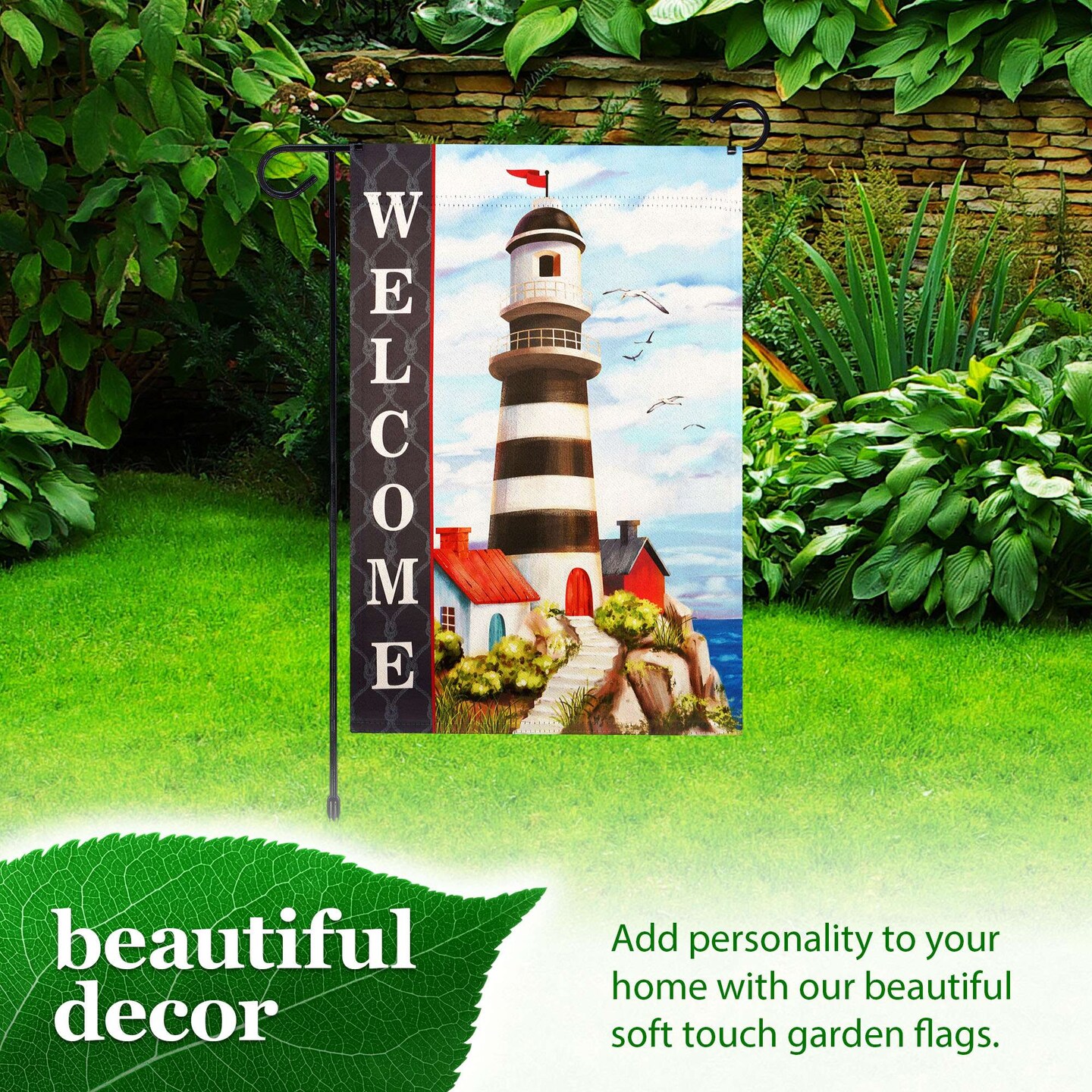 G128 Combo Pack: Garden Flag Stand 36x16IN & Garden Flag Welcome Lighthouse Beach Printed 12x18IN Double Sided