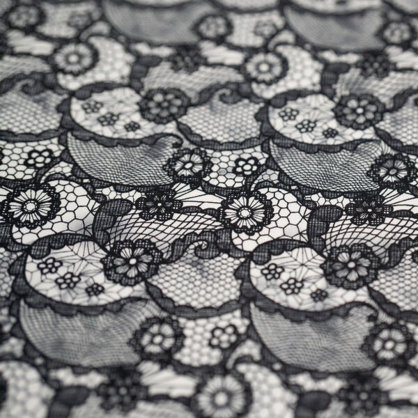 Black Paisley Lace Pattern on White Printed Spandex Fabric