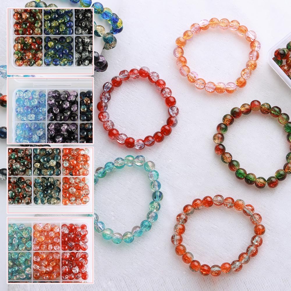 600pcs 8mm Crackle Glass Beads for Bracelet Jewelry Making Kit (Multicolor) 7.56 x 5.2 x 0.87 inches