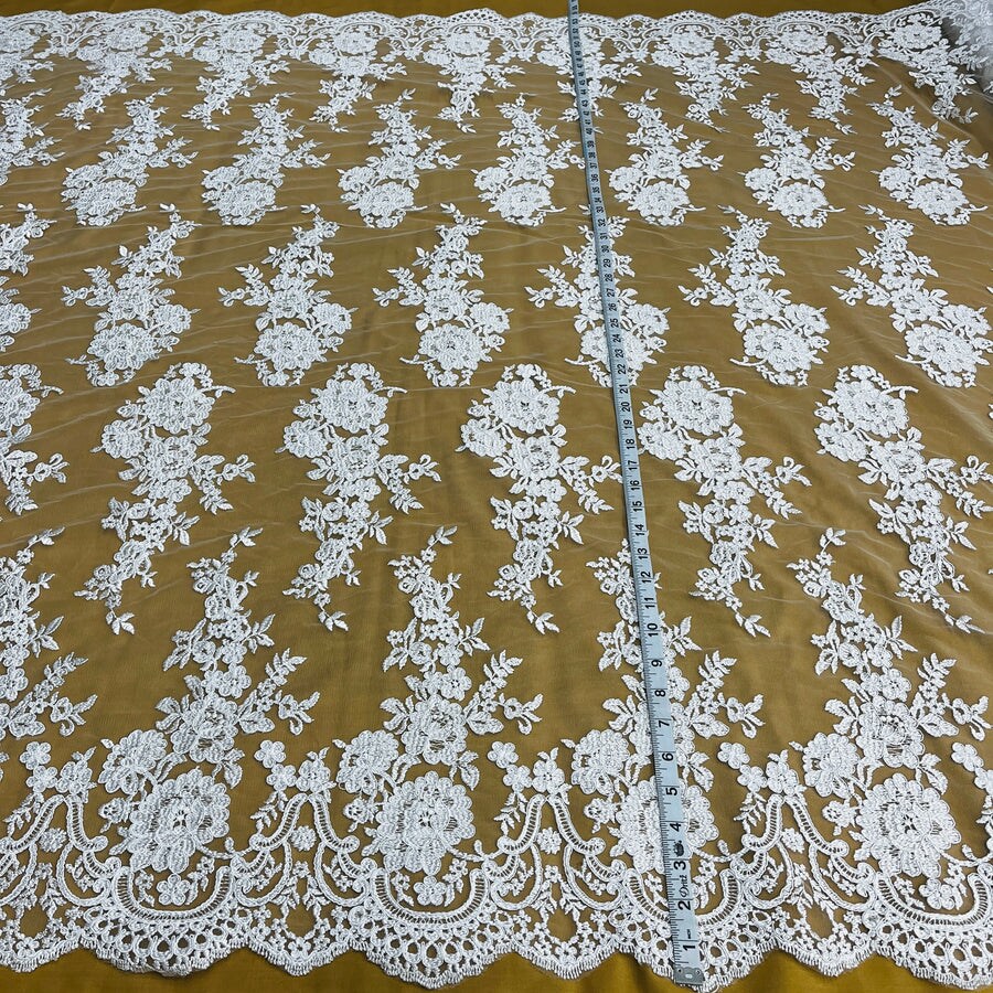 1 Yard Corded Bridal Lace Fabric Embroidered on Polyester Net Mesh 54 Inches Width