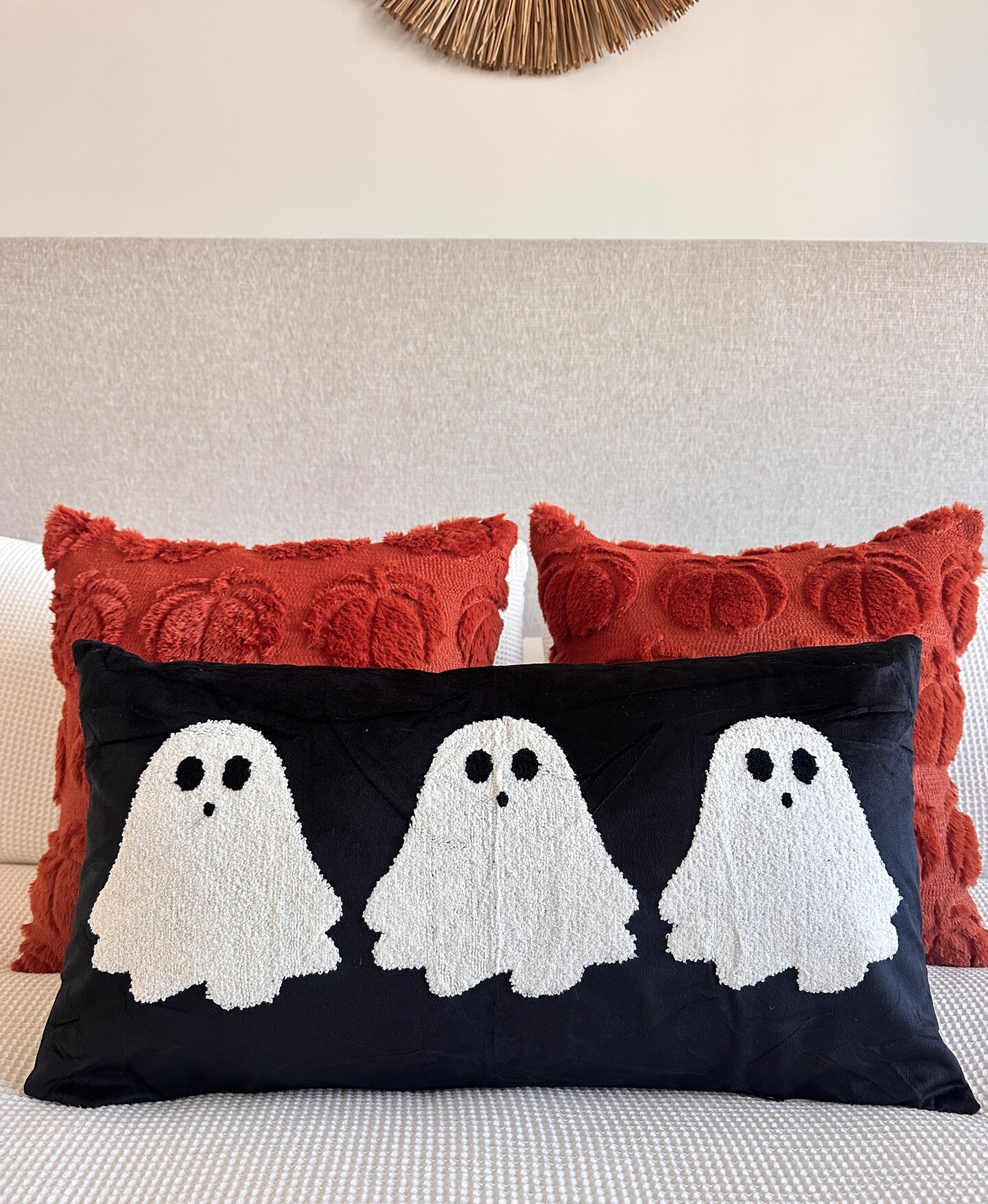 Black Velvet Ghost Lumbar Pillow Cover – 14x26” Embroidered White Ghost Design with Hidden Zipper