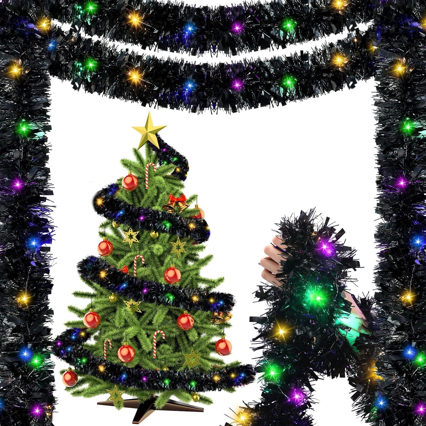 99 ft Total 3 Pcs Christmas Pre Lighted Tinsel Garland (Black)