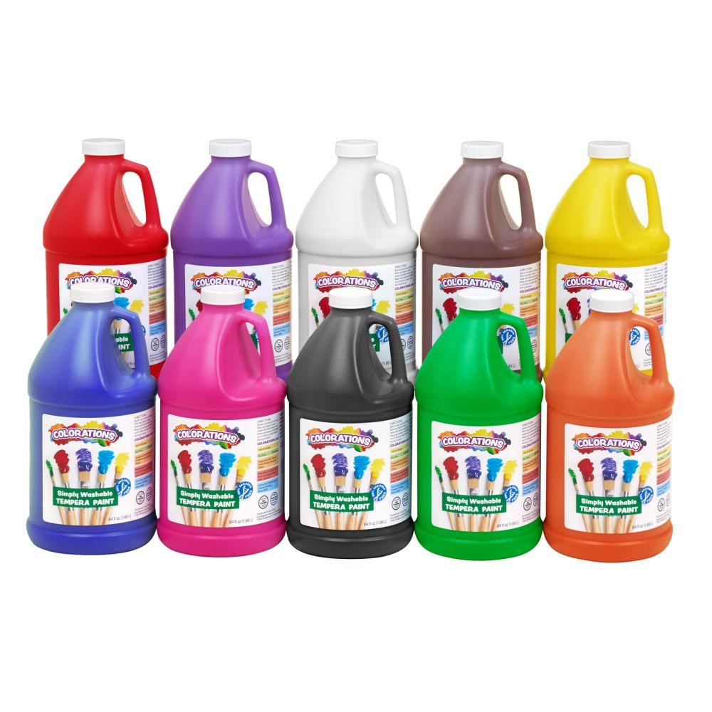 Colorations Paraben-Free Simply Washable Tempera Paint, Set of 10 Colors - 1/2 Gallons. Non-Toxic and Made in the USA
