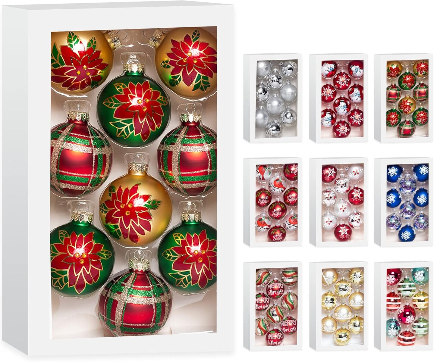 Christmas Colorful Glass Balls Decoration 9pc 2.65in (Red Gold Green Floral)