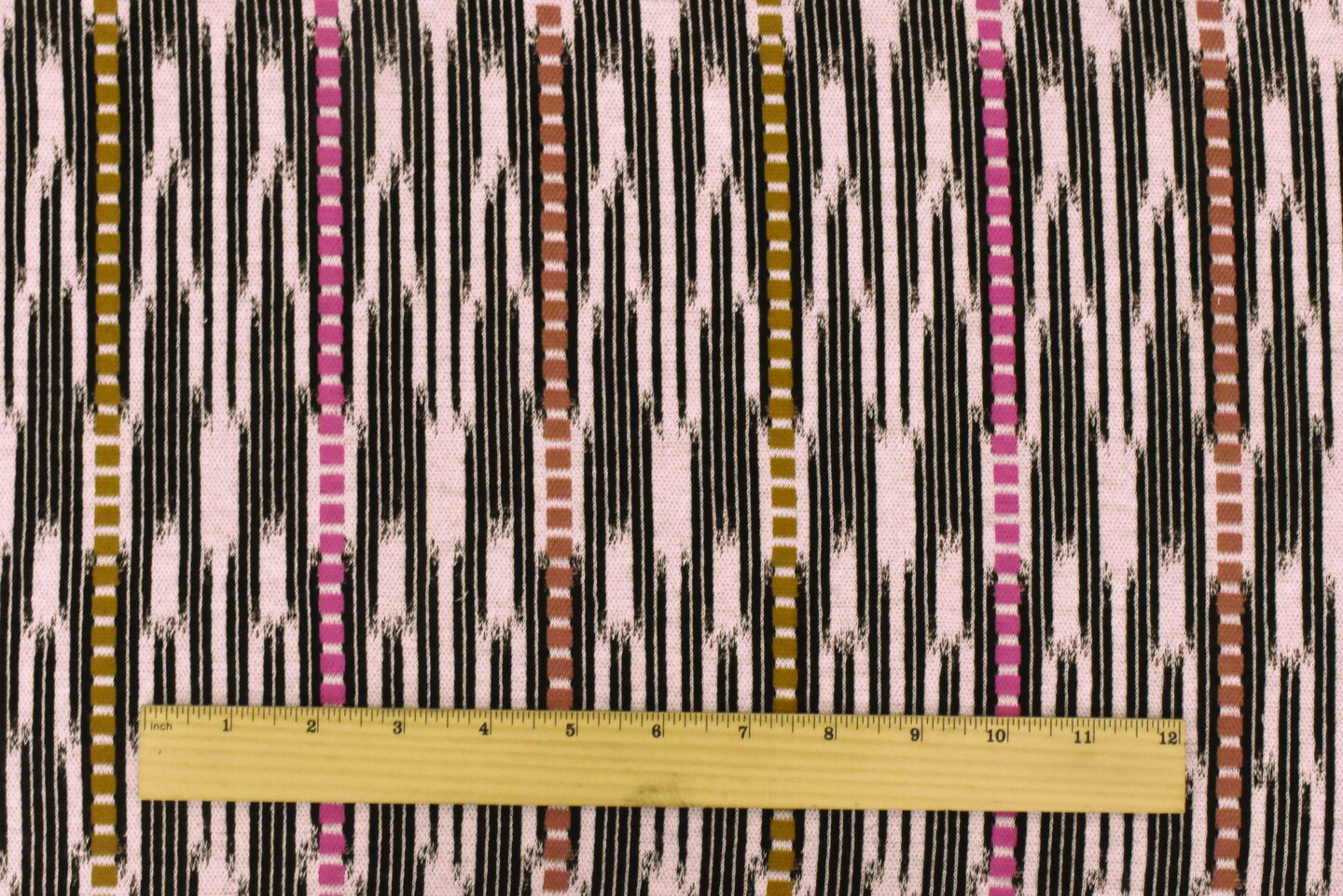 Pink Ivory-Black-Multi Abstract Ikat Stripe Stretch Double Knit Fabric By the Yard