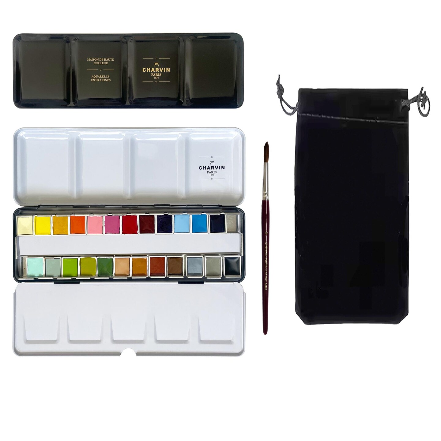 Charvin Extra-Fine Professional Watercolor Paint Set - Watercolor Half Pan Set of 24, Made in France, Smooth Shellac-Like Finish, Transparent Pigments, Ideal for Layering & Mixed Media