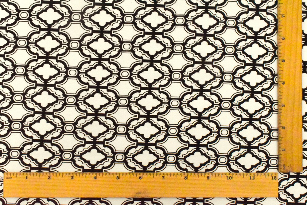 Ivory-Black Fancy Quatrefoil Printed Stretch Twill Woven Fabric By the Yard