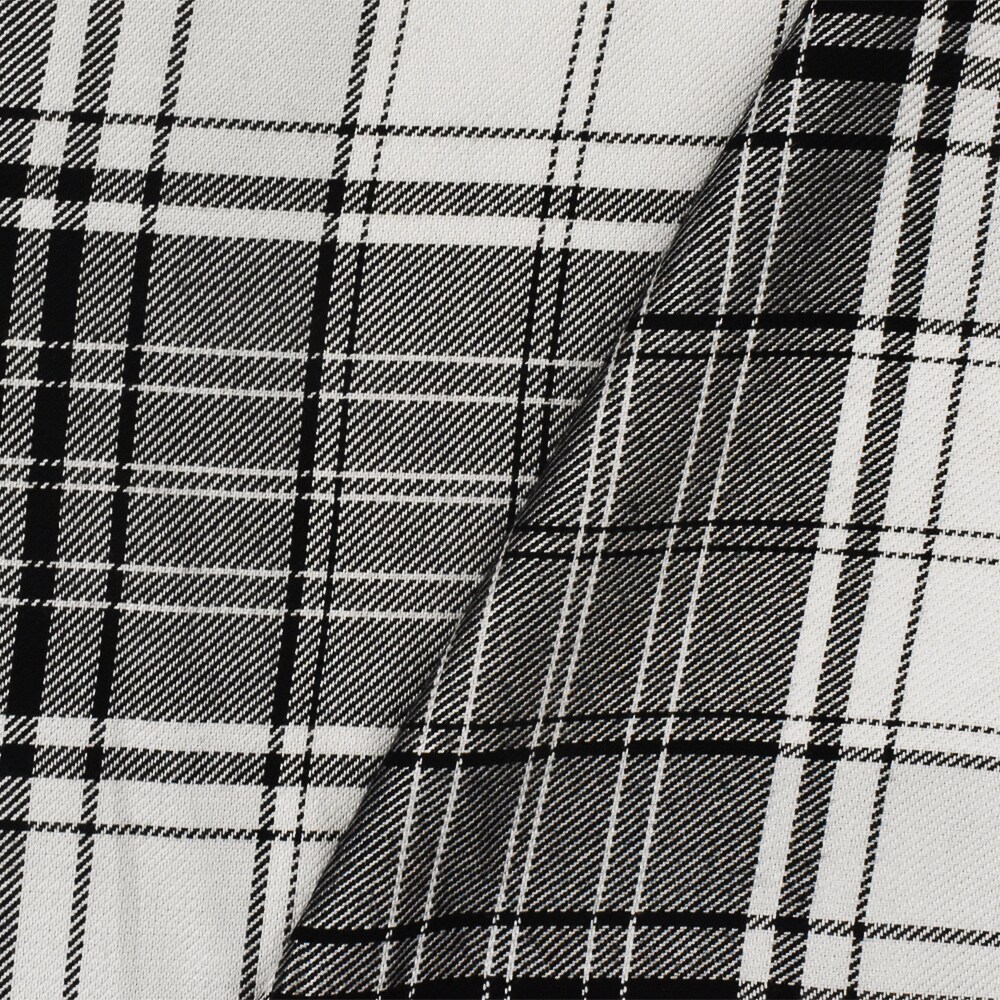 Pitch Black -White Plaid Rayon Twill Woven Fabric By the Yard