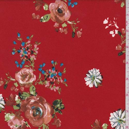 Russet Orange Floral/Daisy Double Brushed Jersey Knit Fabric By the Yard