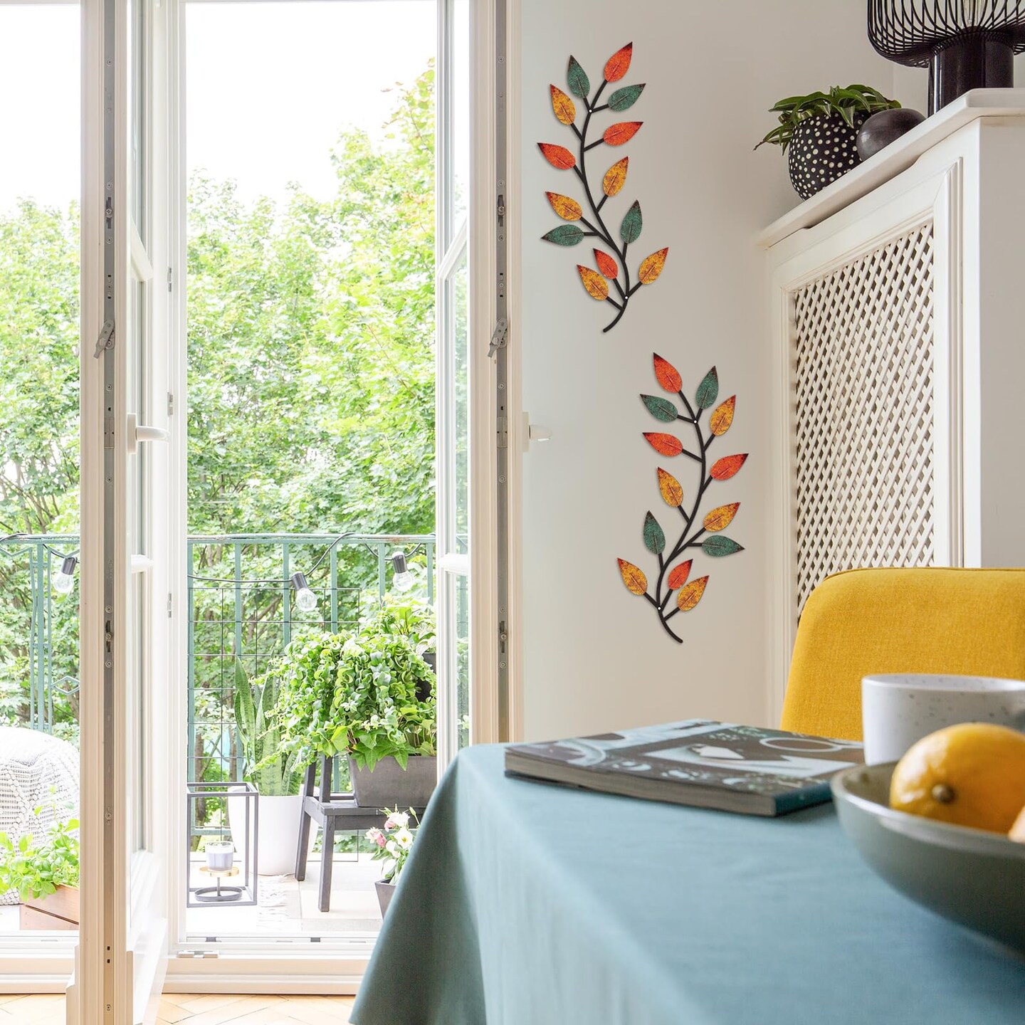 2 Pieces Metal Tree Leaf Wall Decor Vine Olive Branch Leaf Wall Art Living Room, Hallway Wall Decor Outdoor Decoration(Lively Colors)