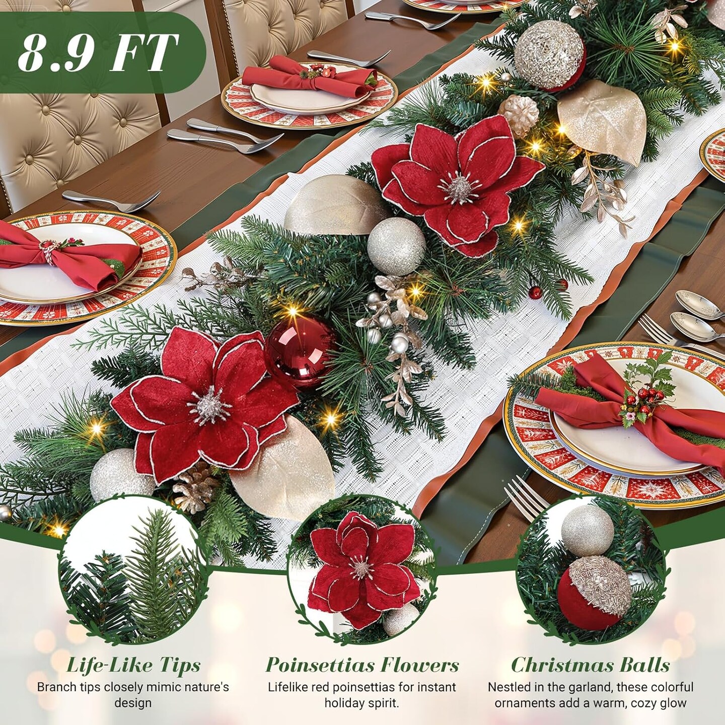 8.9FT Prelit Christmas Garland with Multi-Color LED Lights, Battery-Operated Timer,