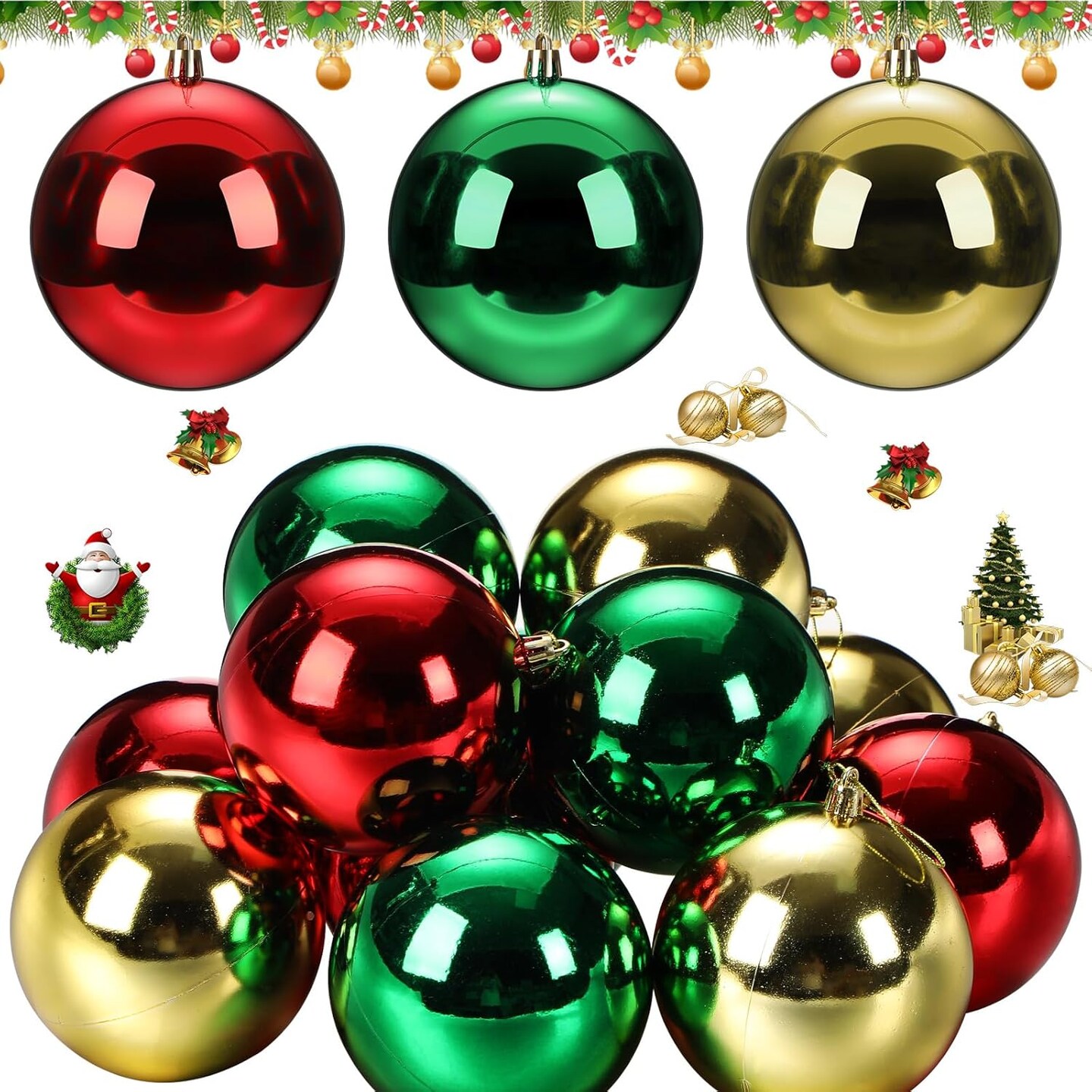 12 Pcs Christmas Ball Ornaments Large (Red,Green,Gold,Shiny)