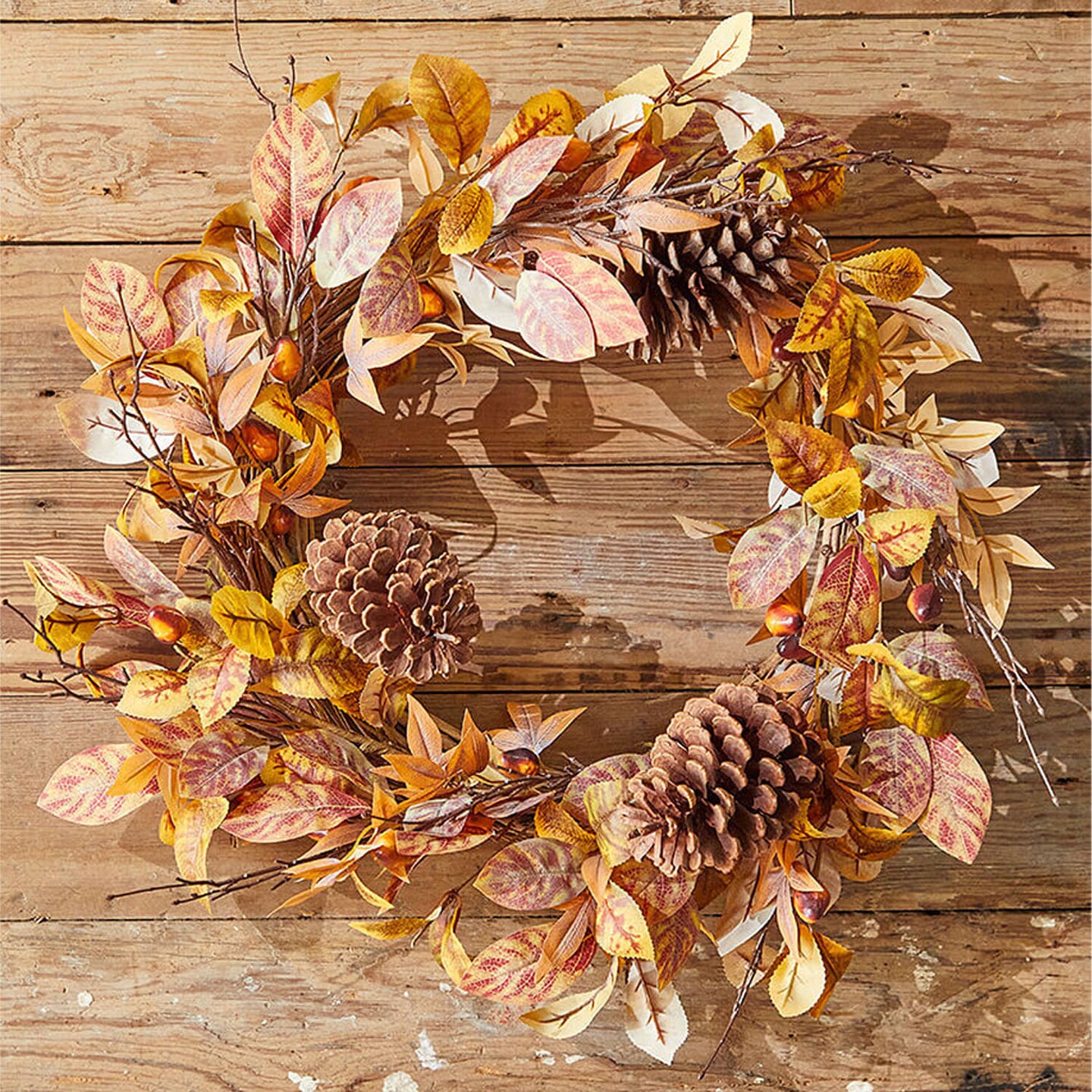 24" Natural Leaf & Berry Cone Wreath Rustic Fall and Holiday Wreath with Pinecones & Greenery
