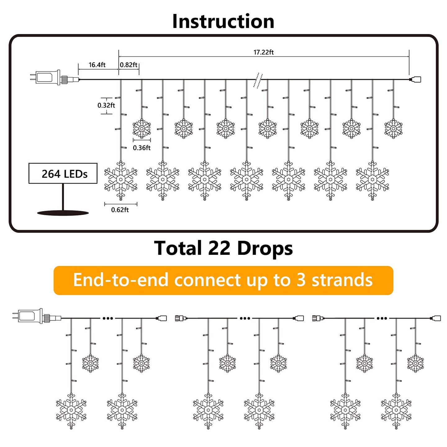 Christmas Snowflake Lights Outdoor, 17.22ft 264 LED Snowflake Icicle Lights with 22 Drops, Connectable, 8 Modes Waterproof White Christmas Light for Curtain, Eaves, Window, Xmas Decorations