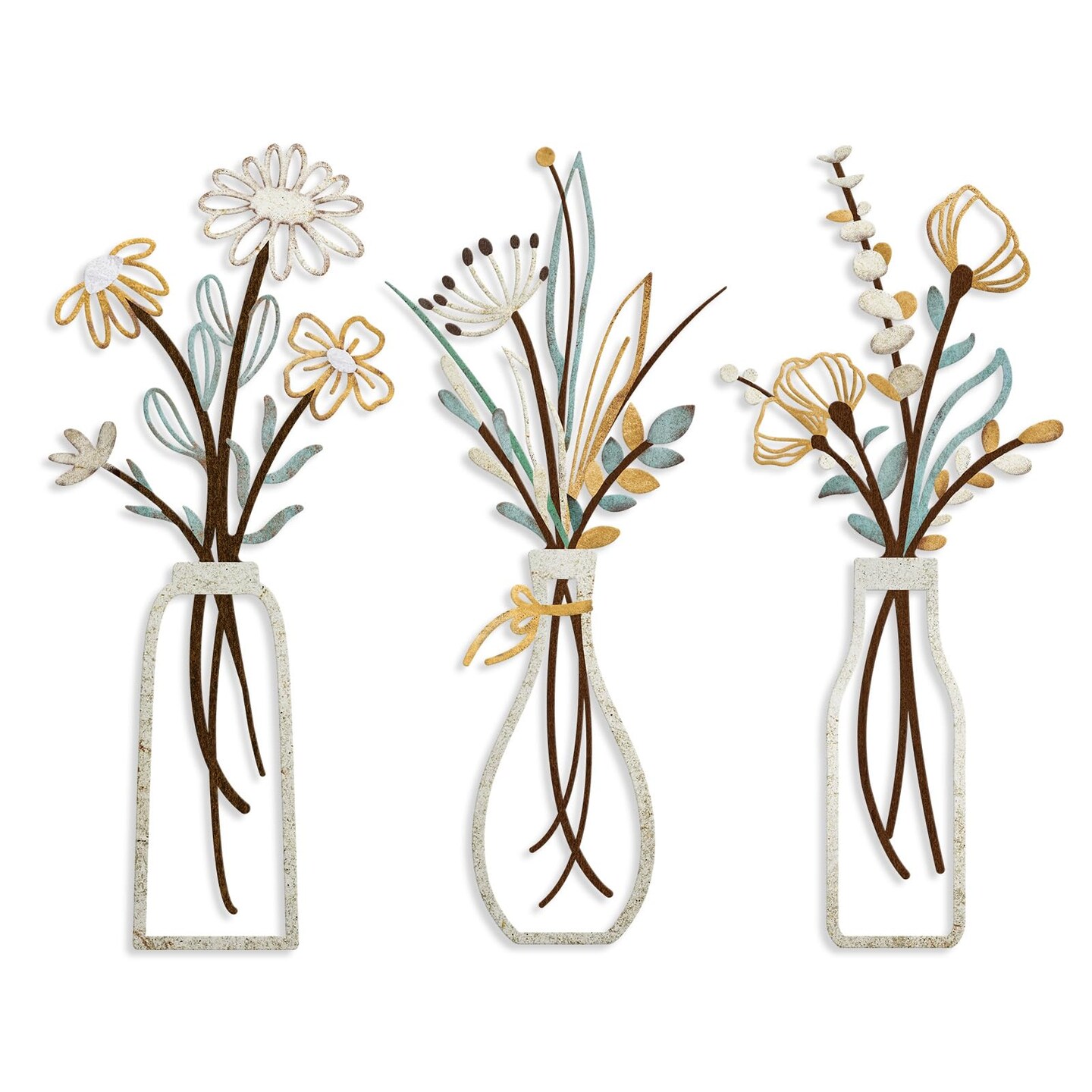 3 Pieces Metal Flowers Wall Arts - Rustic Farmhouse Decor Beige Minimalist Flower Wall Decors for Living room Bathroom Bedroom Dining Room-Housewarming Gifts (Beige, Vase-C)