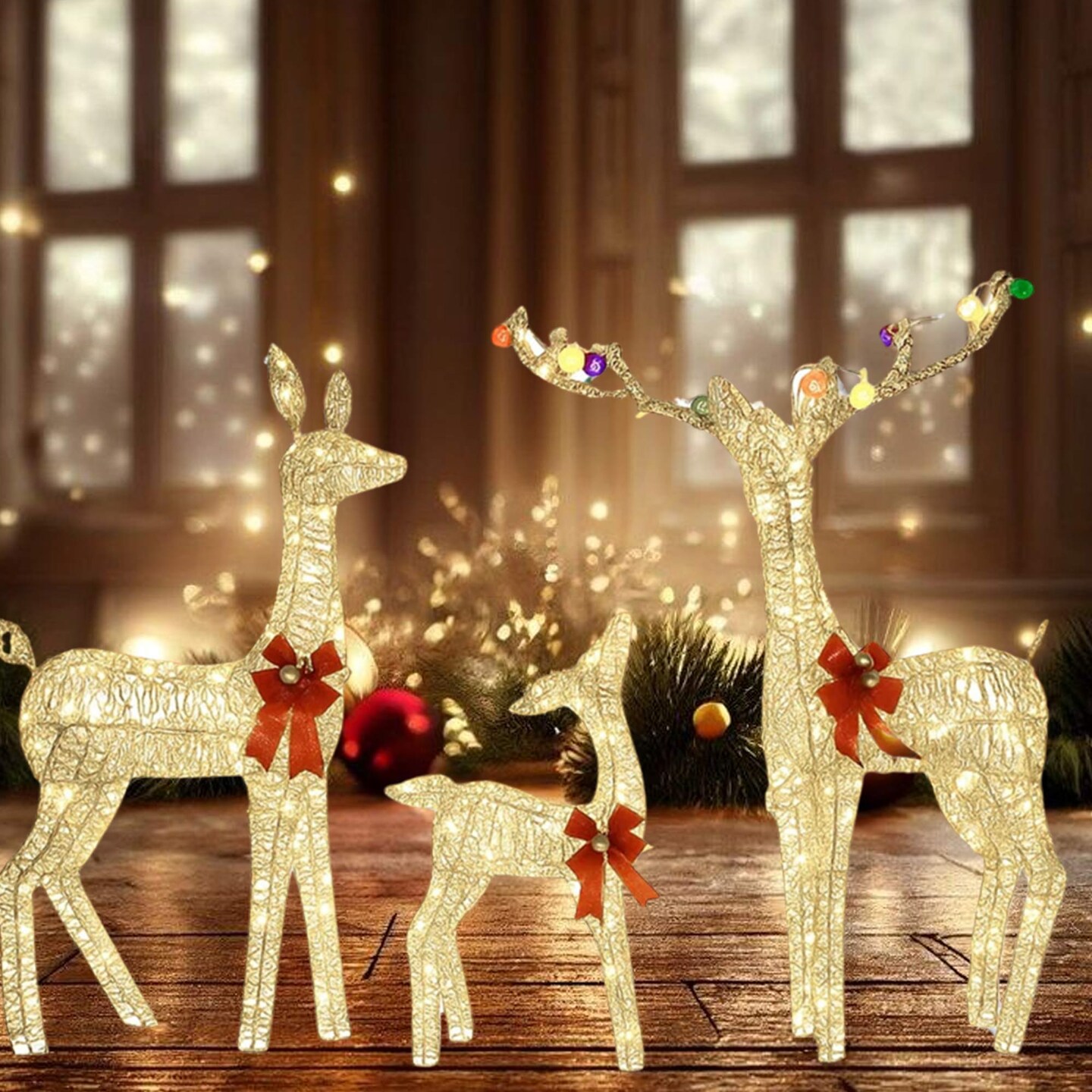Christmas Yard Reindeer Set with Prelit Iridescent PVC Body Design 52&#x22;+46&#x22;+29&#x22;