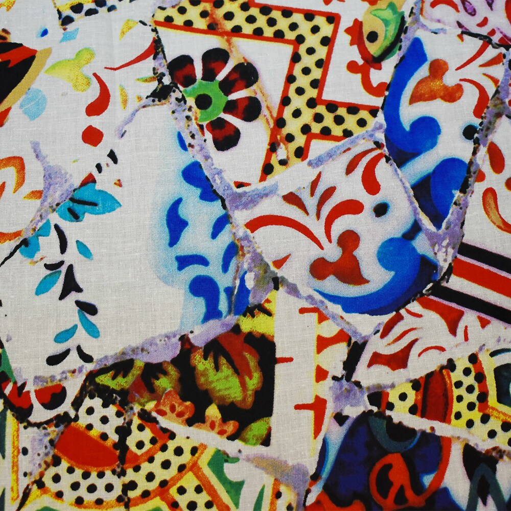 Blue-Orange-Multi Abstract Collage Pattern Printed Linen Woven Fabric By the Yard