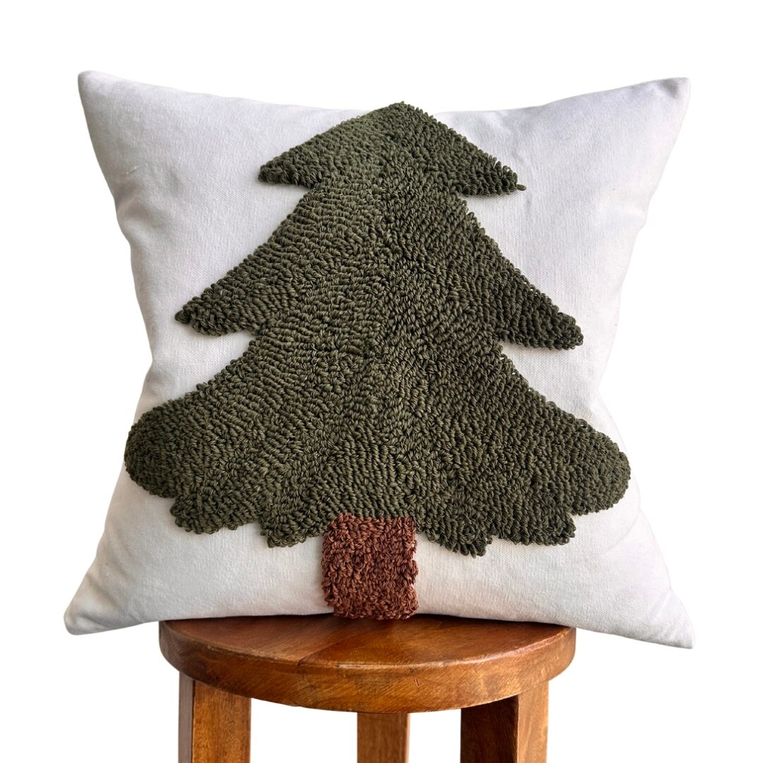 Forest Green Tufted Christmas Tree Pillow Cover by Busa Designs – 18” White Canvas Holiday Accent