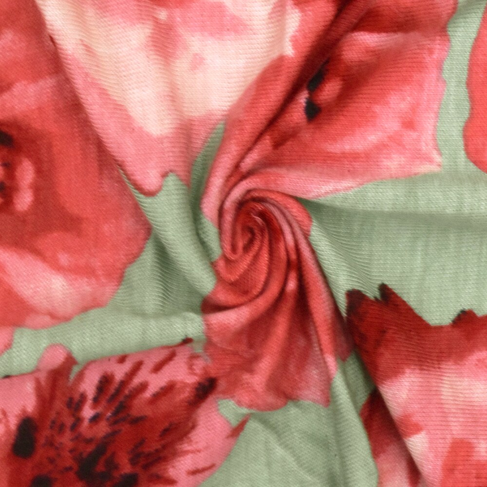Mint Green-Pink-Multi Rose Printed Slub Rayon Stretch Jersey Knit Fabric By the Yard