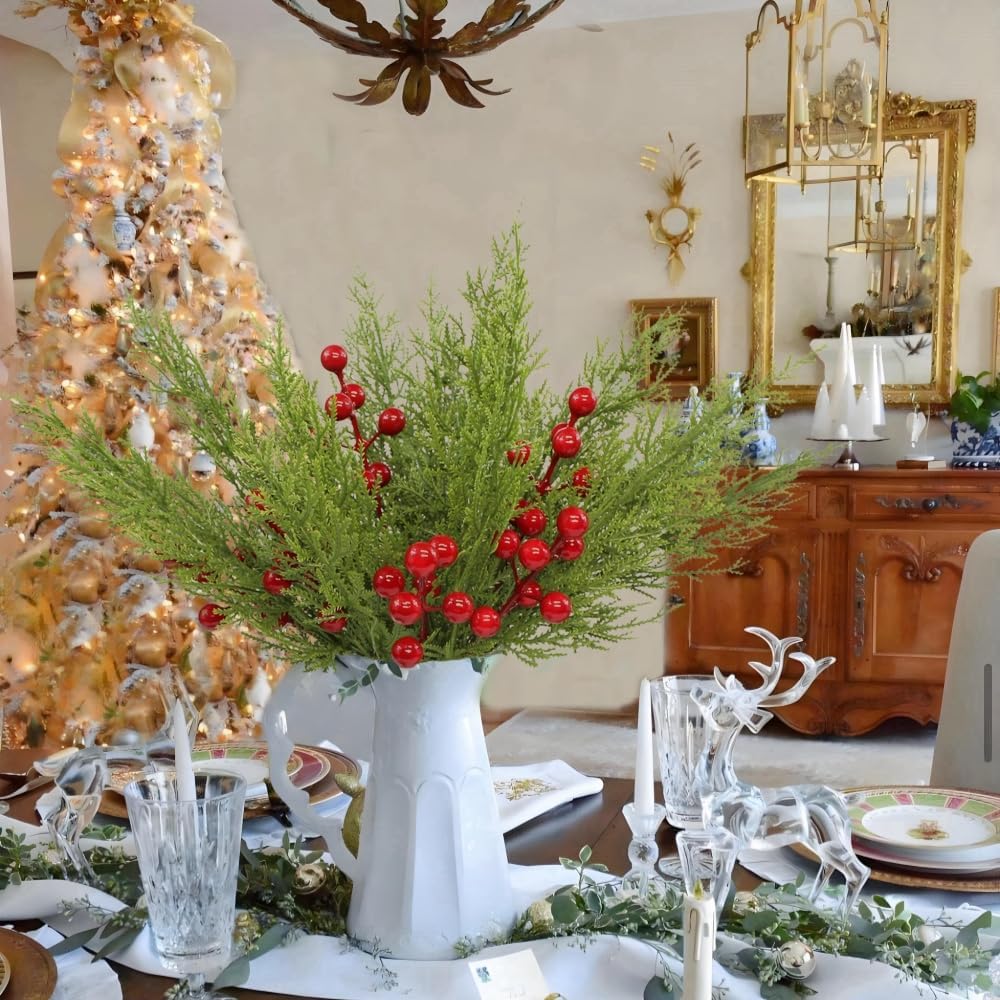 Christmas Greenery Stems Pine Stems (Green/Red) 0.1"D x 0.1"W x 0.1"H