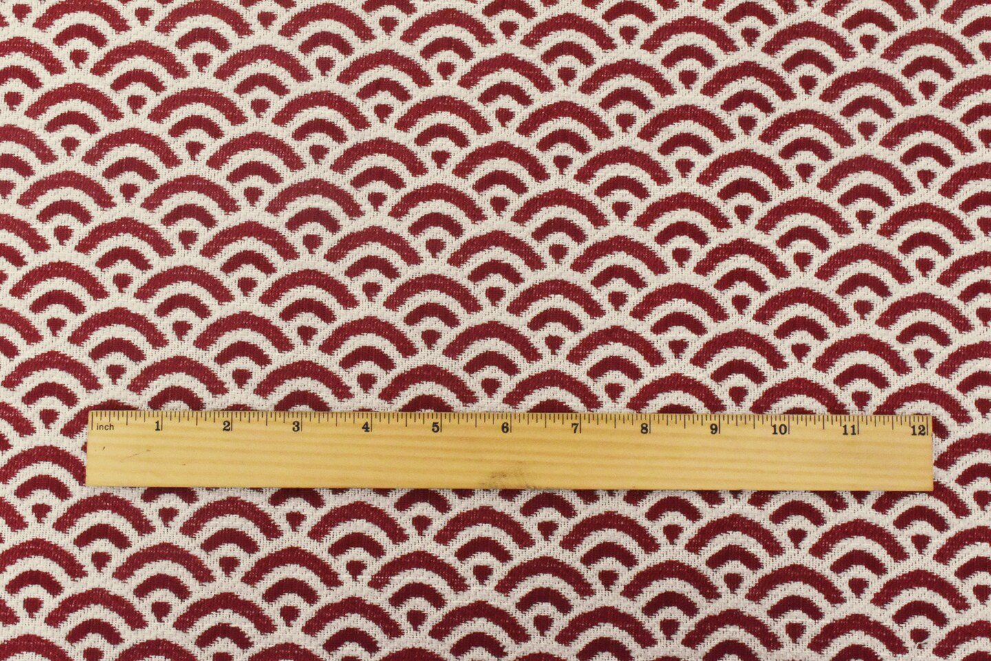 Red-Ivory Scallop Scale Poly Acrylic Chenille Damask Woven Home Decorating Fabric By the Yard