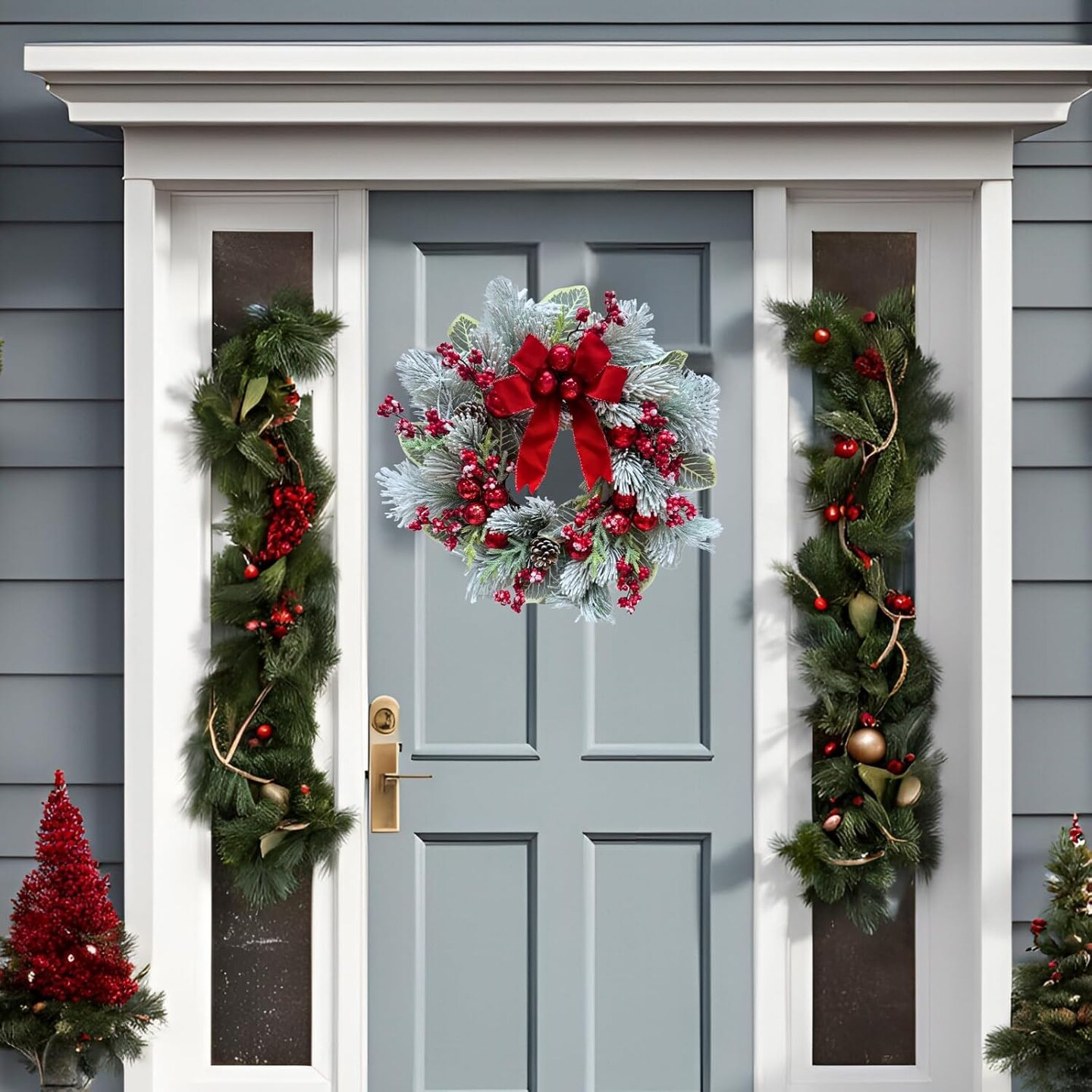 22 Inch Lighted Snow Flocked Christmas Wreath (Green/Red) 6&#x22;D x 22&#x22;W x 22&#x22;H