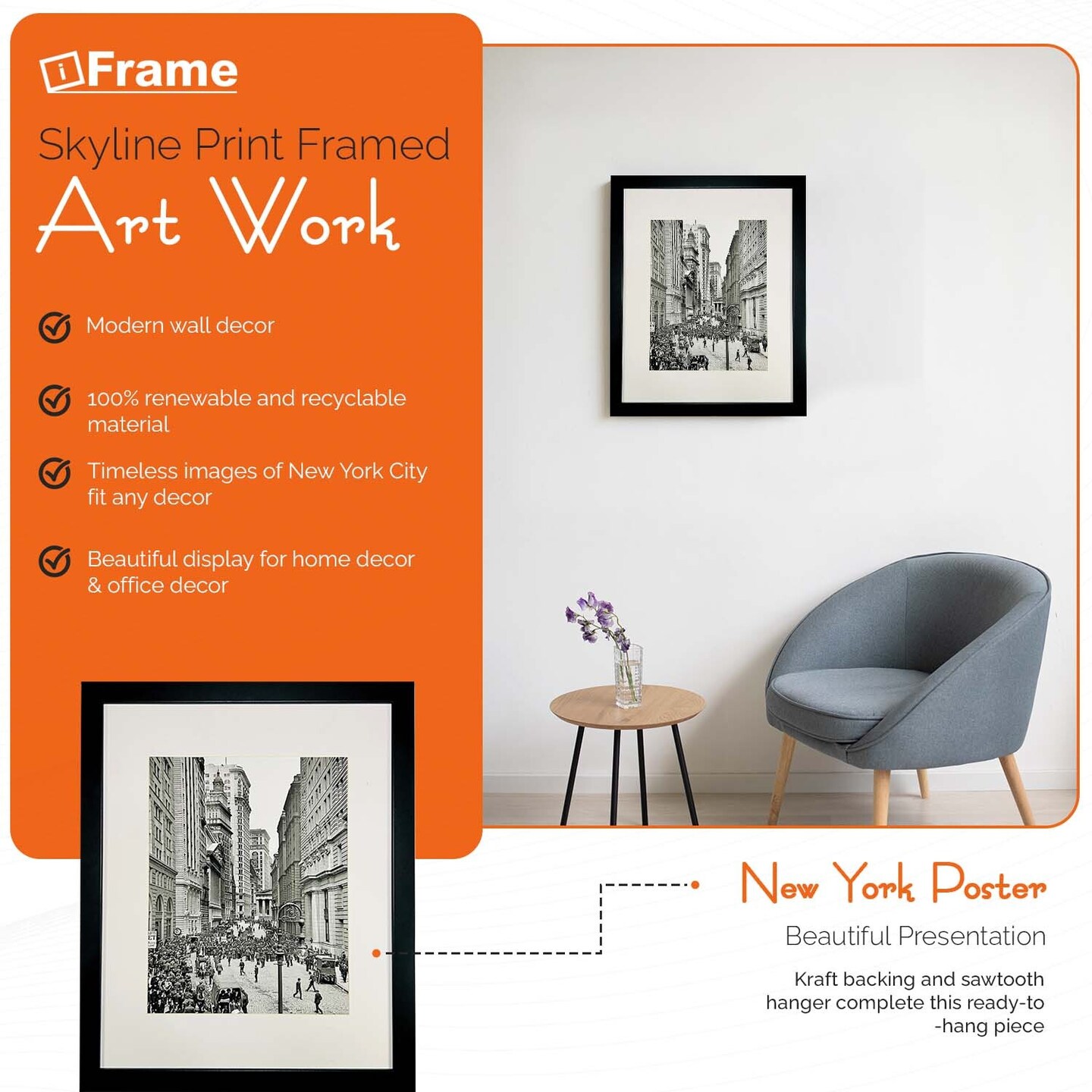 iFrame 18” x 22” Black Framed New York City Wall Street Skyline Print Framed Art Work For Wall Decor With Photo Mat | NYC Skyline Wall Art | Black And White Picture Wall Art Decor