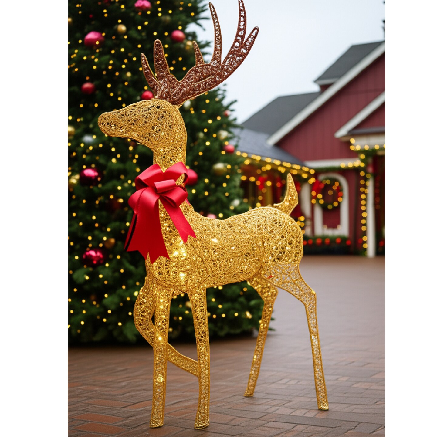 Lighted Christmas Reindeer Decor 48" Champagne Woven Standing Deer with Warm White LED Lights