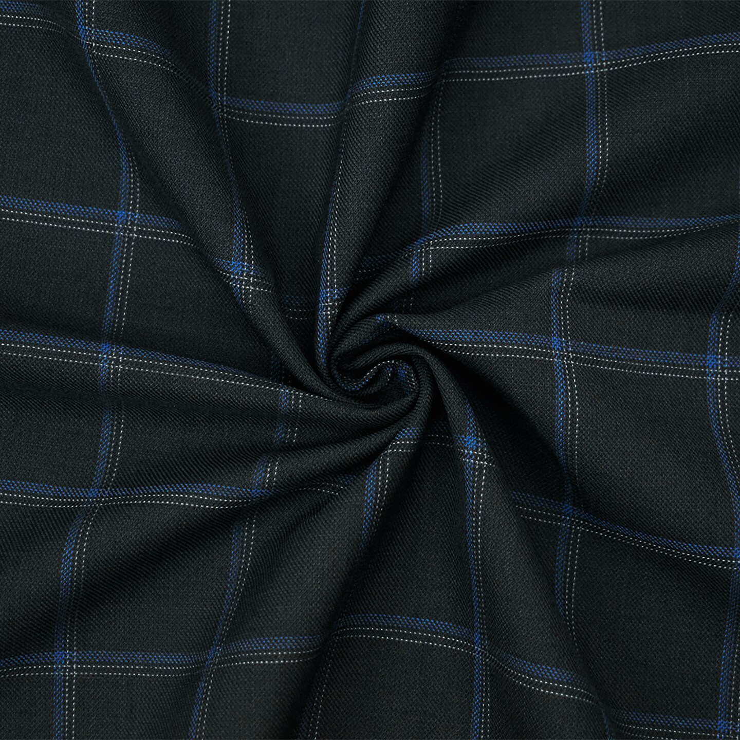 Black-Gray-Blue Poly-Wool Check-Plaid Shirting Twill Woven Fabric By the Yard