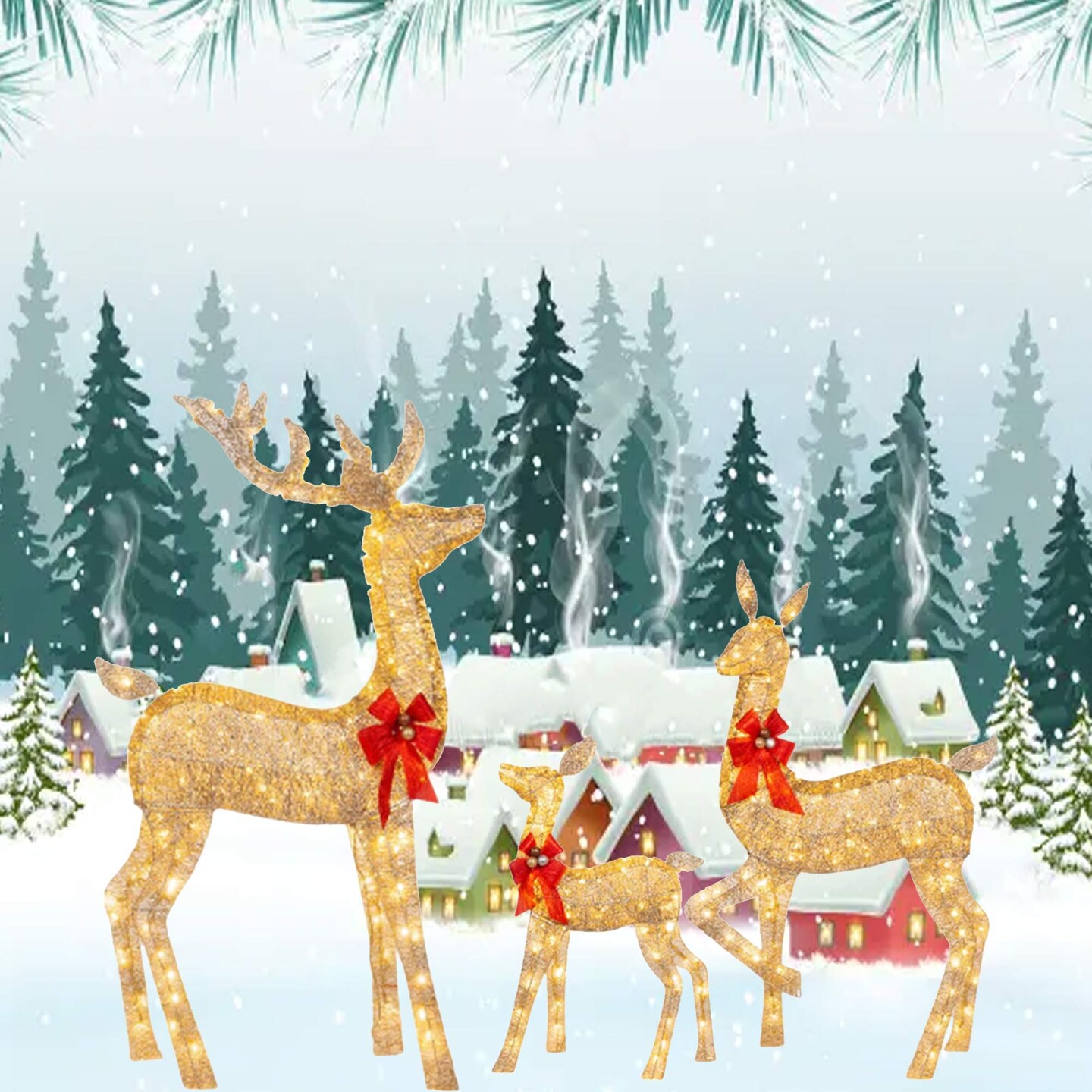 Premium Champagne Rattan Deer Trio with Red Bows for Holiday Decorating 63" + 52" + 37"