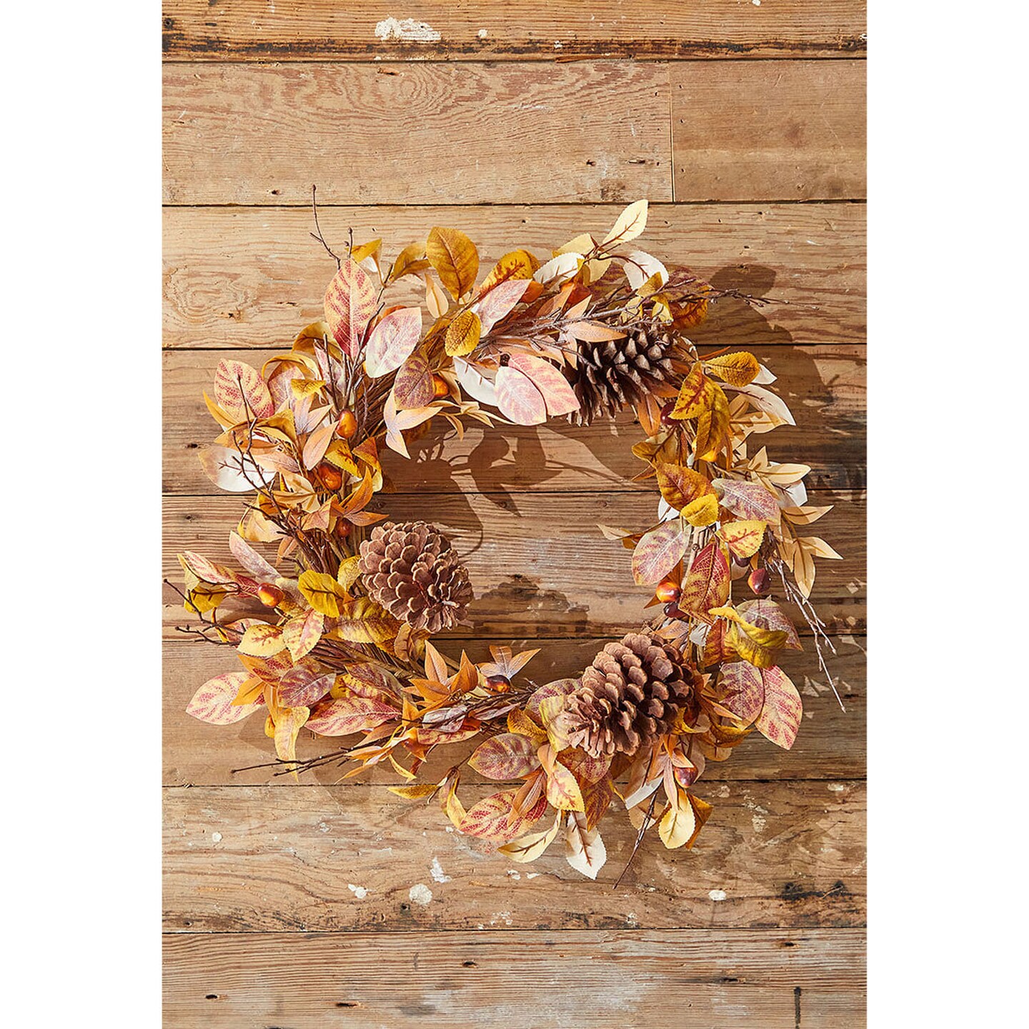 24" Natural Leaf & Berry Cone Wreath Rustic Fall and Holiday Wreath with Pinecones & Greenery