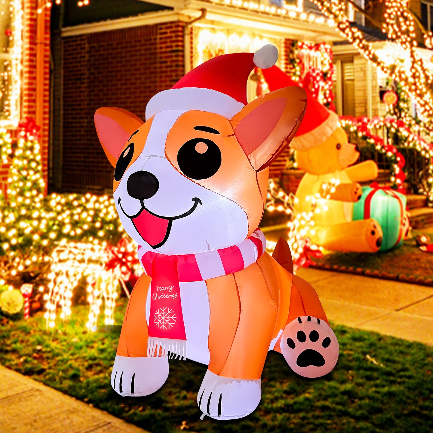 GOOSH 5.2FT Christmas Corgi Dog Inflatable with Santa Hat and LED Lights