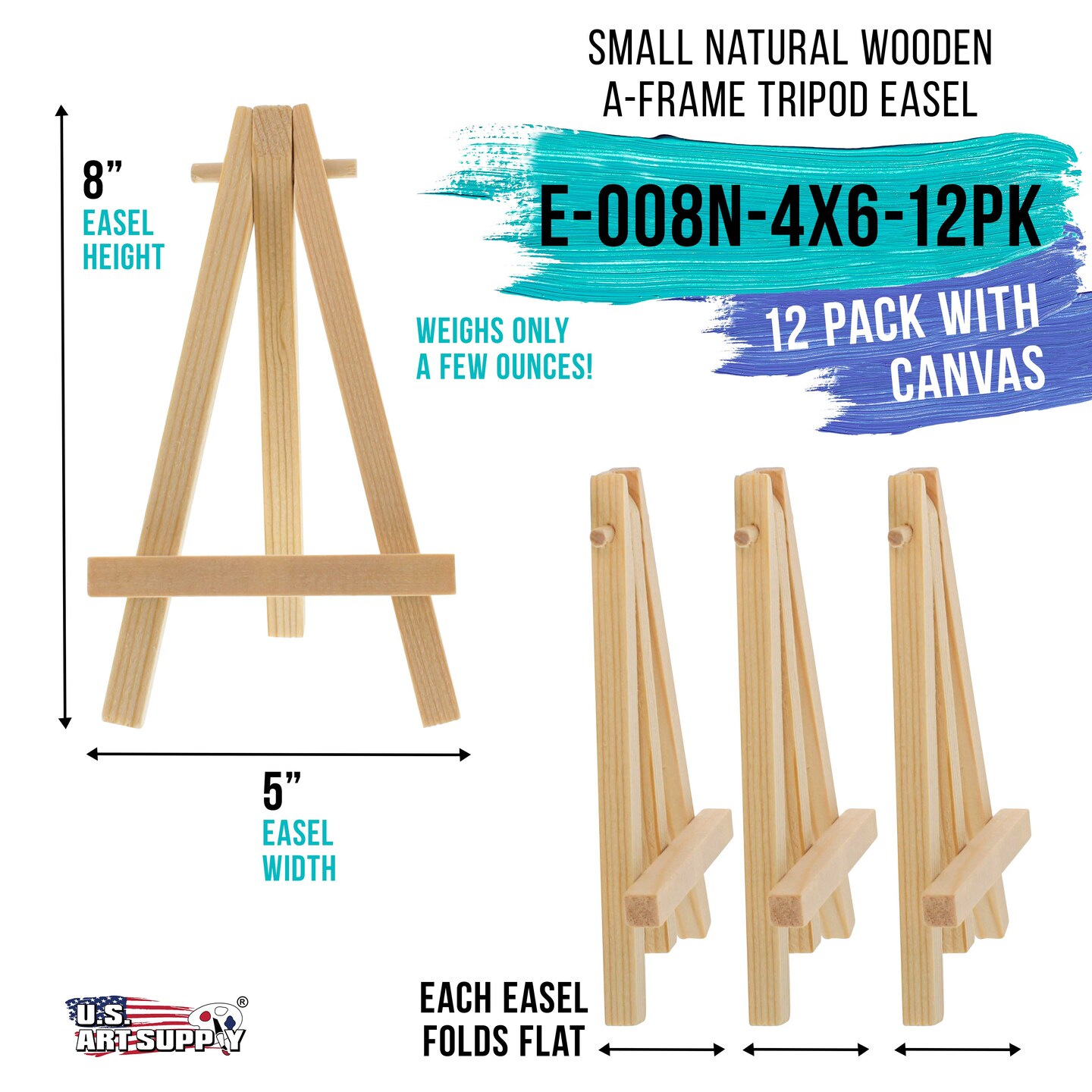 4" x 6" Stretched Canvas with 8" High Small Natural Wooden Easel (12 Pack), A-Frame Canvas Stand Tripod, Small Painting Easels - Tabletop Easel for Painting, Canvases, Student Crafts
