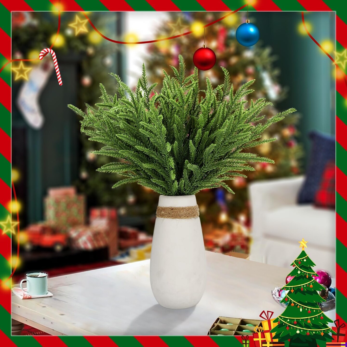 30 Pcs Christmas Real Touch Norfolk Stems, 15Inch Artificial Pine Branches Faux Evergreen Pine Sprigs Fake Foliage Greenery Picks for Christmas Wreath Making DIY Crafts Home Decoration (30, Green)