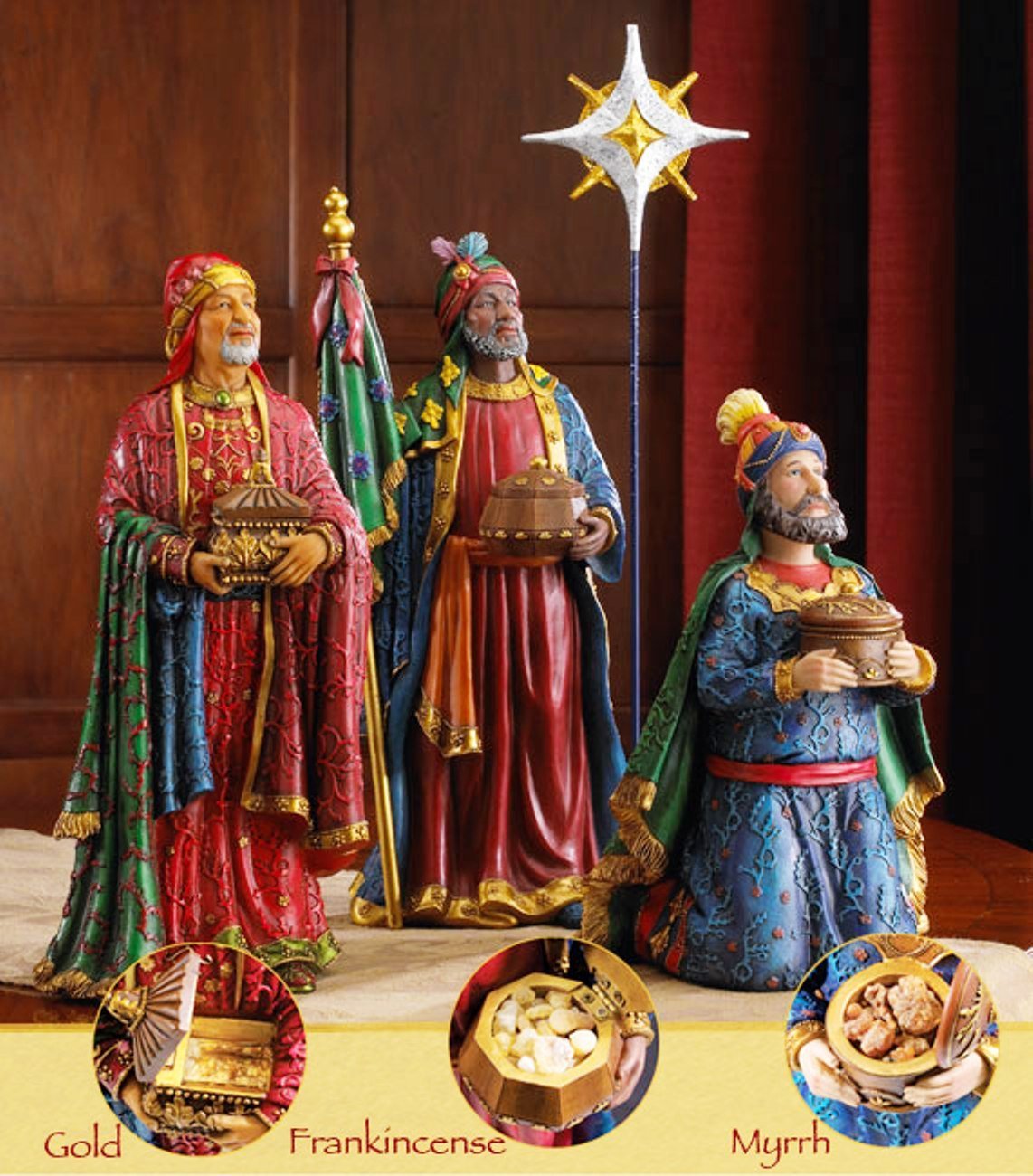 7 Inch Real Life Nativity Set - Includes All People, Lighted Manger, Chest Of Gold, Frankincense &#x26; Myrrh