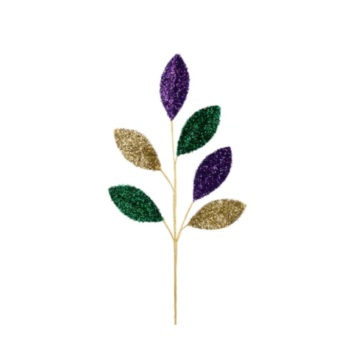 27" Mardi Gras Glitter Magnolia Leaf Spray – Purple, Green, Gold Foil Stem-HG3330