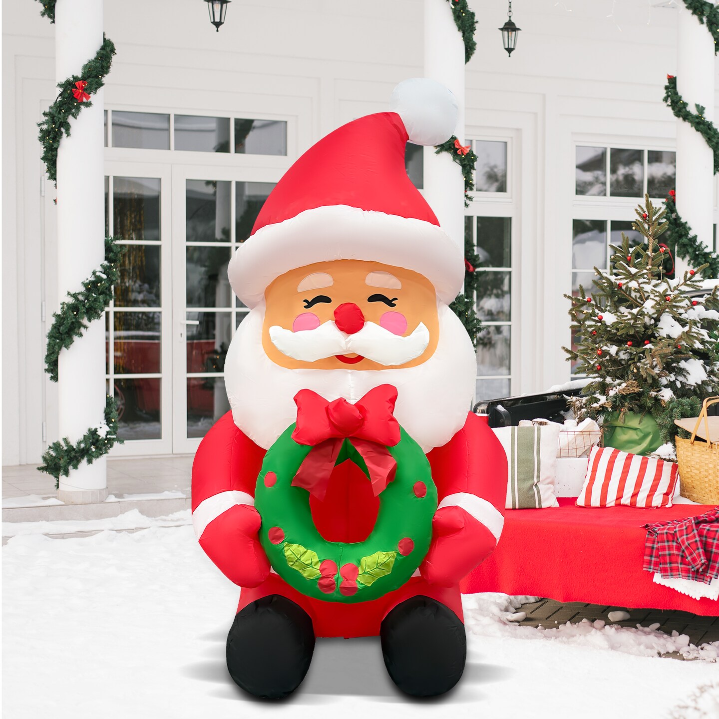GOOSH 5.2FT Santa Holding Wreath Inflatable with LED Lights for Outdoor Christmas Décor