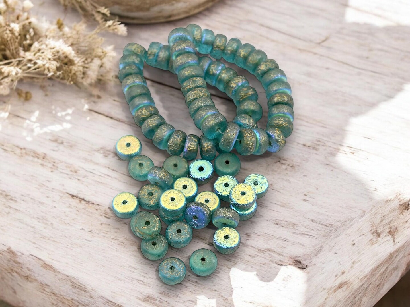 25 8x4mm Gold Washed Etched Blue Aqua AB Heishi Rondelle Beads