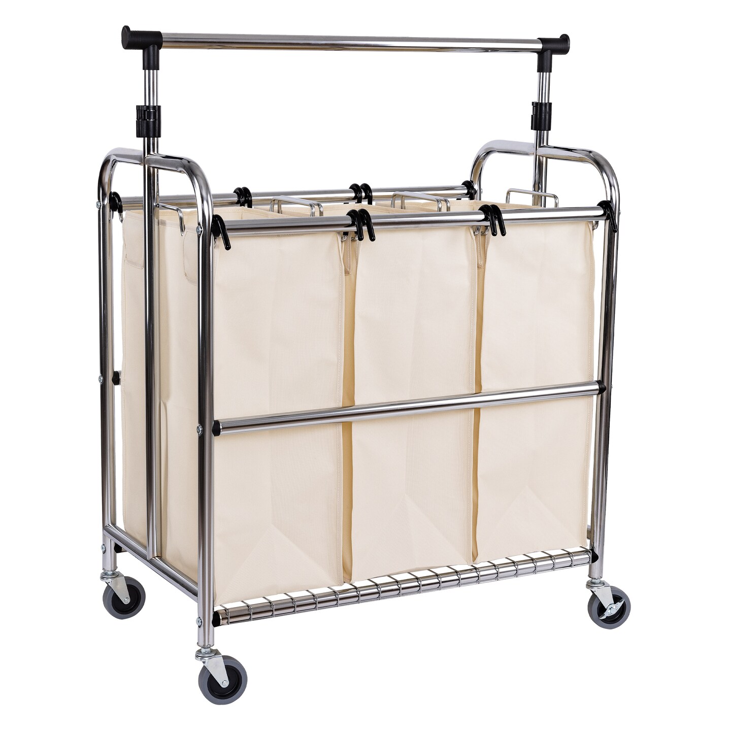 Seville Classics Rolling 3-Bag Steel Laundry Sorter w/ Hanging Bar