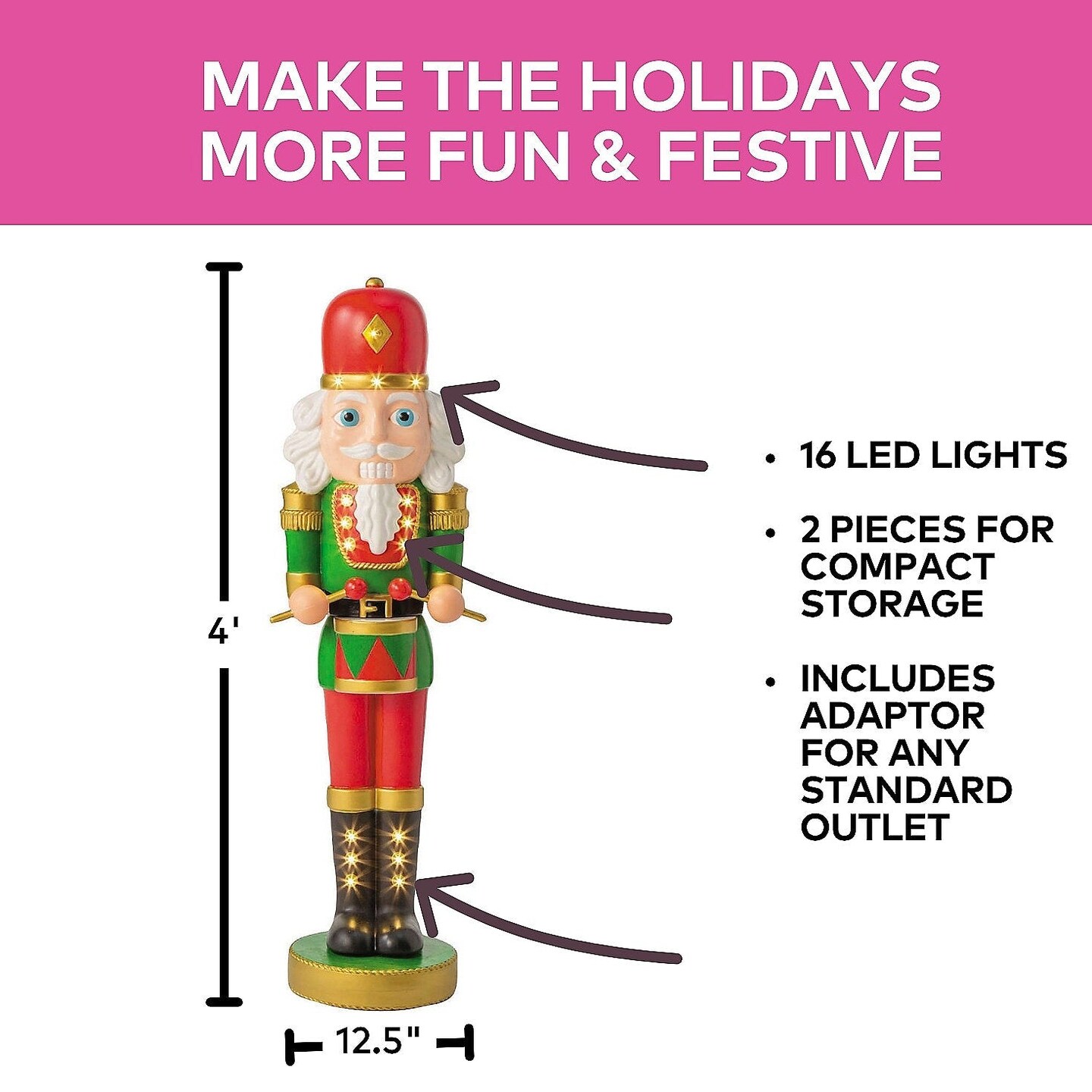 4 Ft Light-Up Nutcracker with Drumsticks &#x2013; Illuminated Christmas Statue for Indoor &#x26; Outdoor Holiday D&#xE9;cor