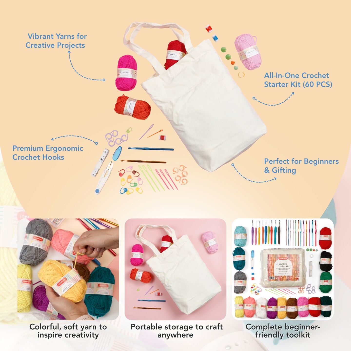 Incraftables Crochet Kit for Beginners & Pro. Crocheting Set with Crochet Hooks (21pcs), Yarns (15 Spools), Tape, Needles & Supplies for Amigurumi. Best Knitting Crochet Starter Kit for Adults & Kids