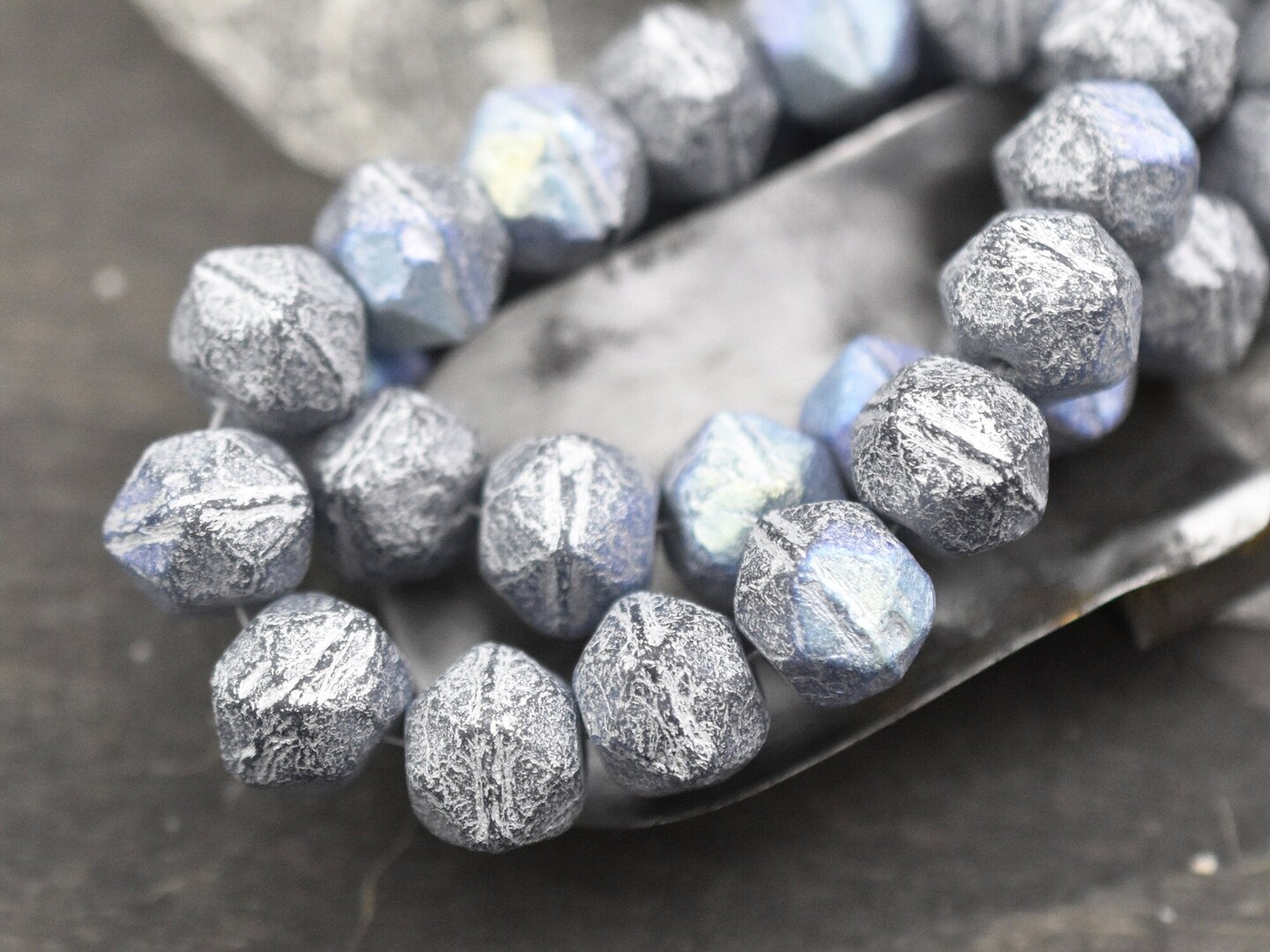 Silver Washed Etched Gray AB Antique Cut Round Beads -- Choose Your Size