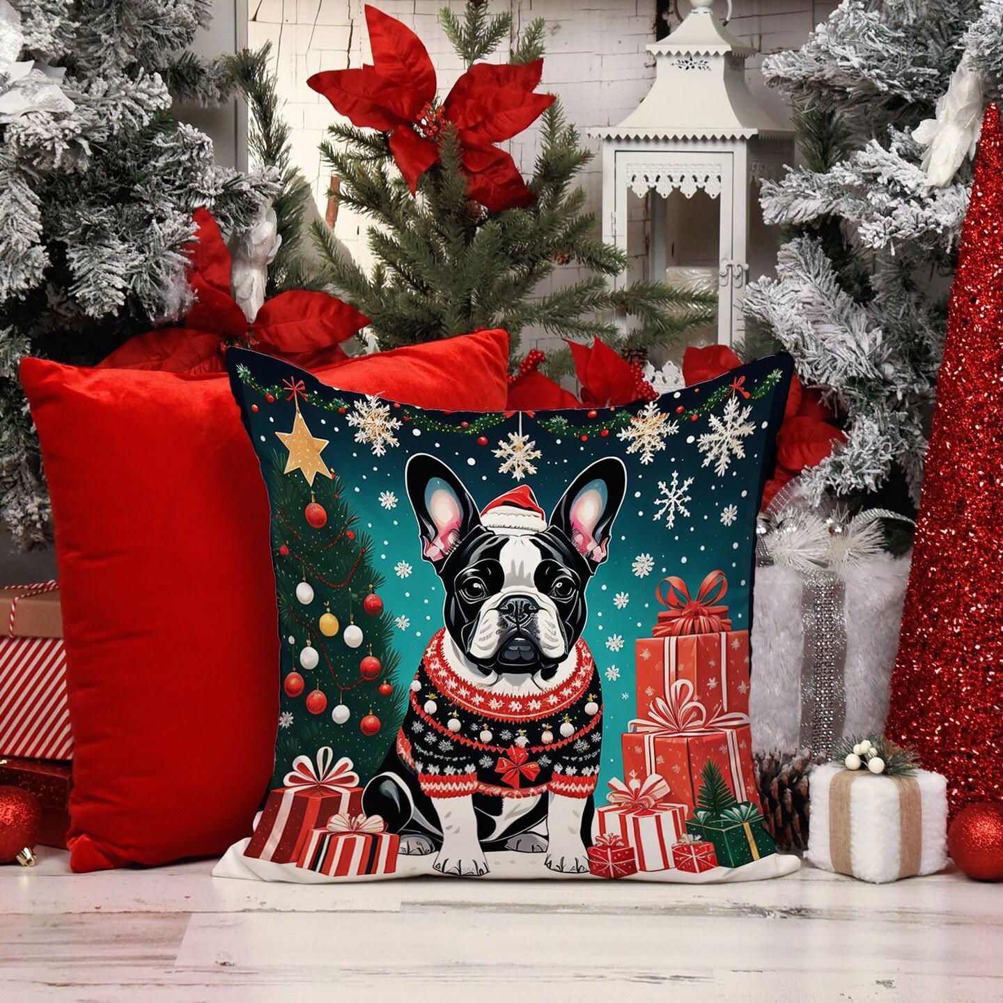 Edge Collections - 18" X 18" - Multicolor - French Bulldog Christmas Throw Pillow - 1 Piece