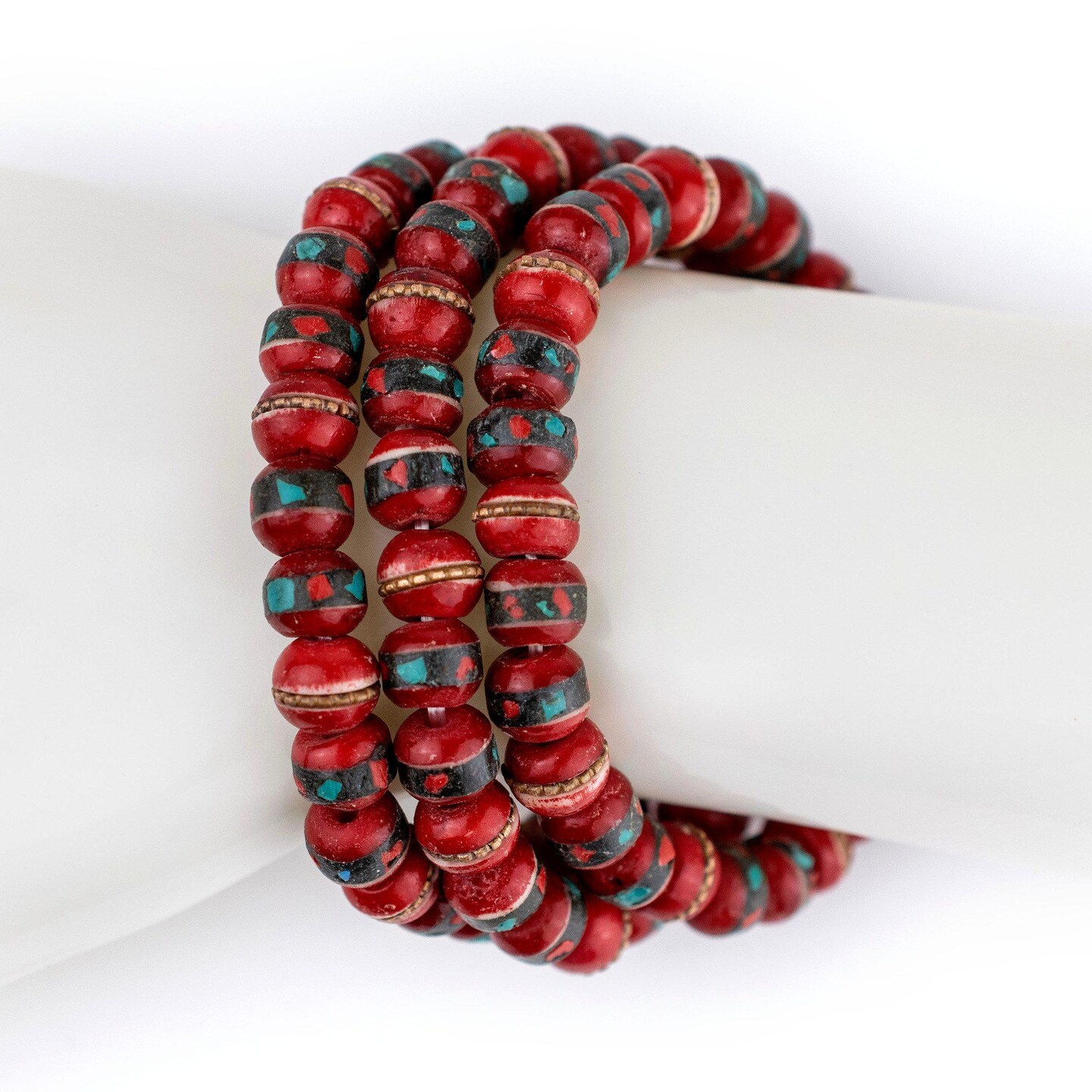 The Bead Chest Mala Stretch Bracelet, Red - Stackable Nepal Bone Inlaid with Turquoise & Coral Colors, 100% Authentic and Genuine