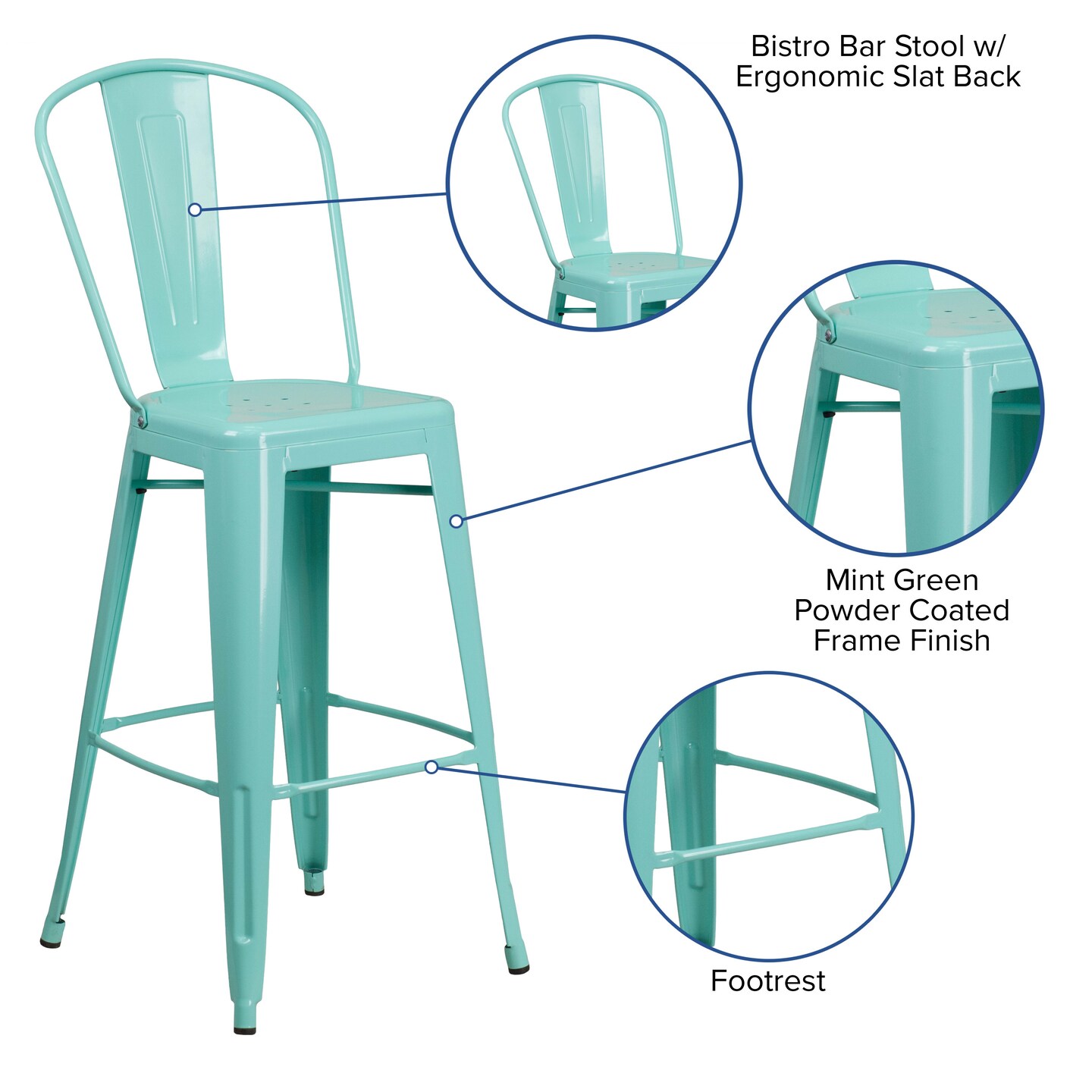 Merrick Lane Sabine Metal Indoor-Outdoor Barstool with Vertical Slat Back and Integrated Footrest